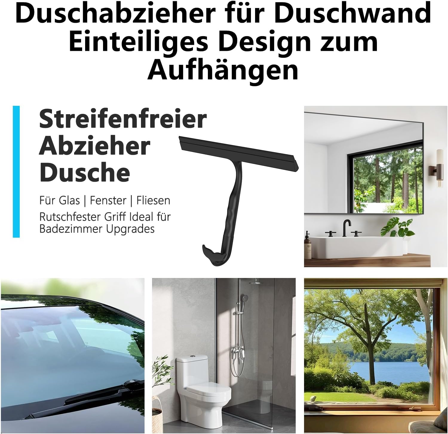 Thumbnail 5 de Duschabzieher Schwarz (Silikon, 25 cm) mit integriertem Haken – einteilig, streifenarm für Dusche & Glas