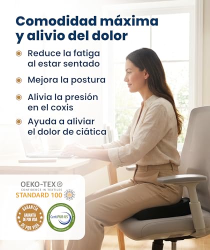 Thumbnail 1 de Everlasting Comfort Cojín de asiento de espuma viscoelástica — ergonómico para coxis, ciática y espalda (Grande, Negro)