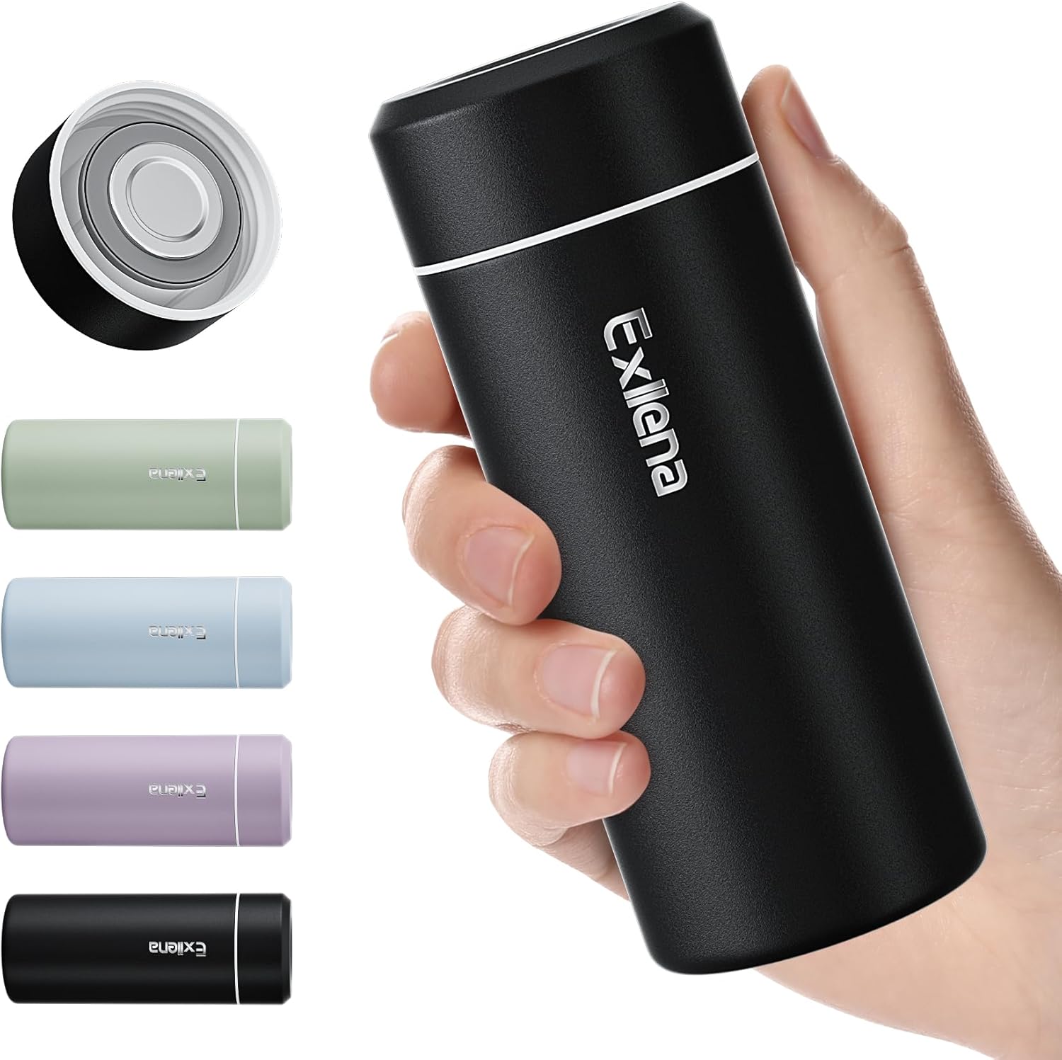 Detalle de Exllena Upgraded Small Water Bottle for Handbag (250ml) – Mini Flask for Hot & Cold Drinks, Black