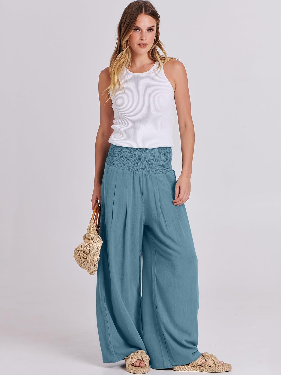 Thumbnail 5 de ANRABESS Women’s Linen Palazzo Pants (Smocked High Waist, Wide-Leg, Pockets) for Summer Beach & Travel