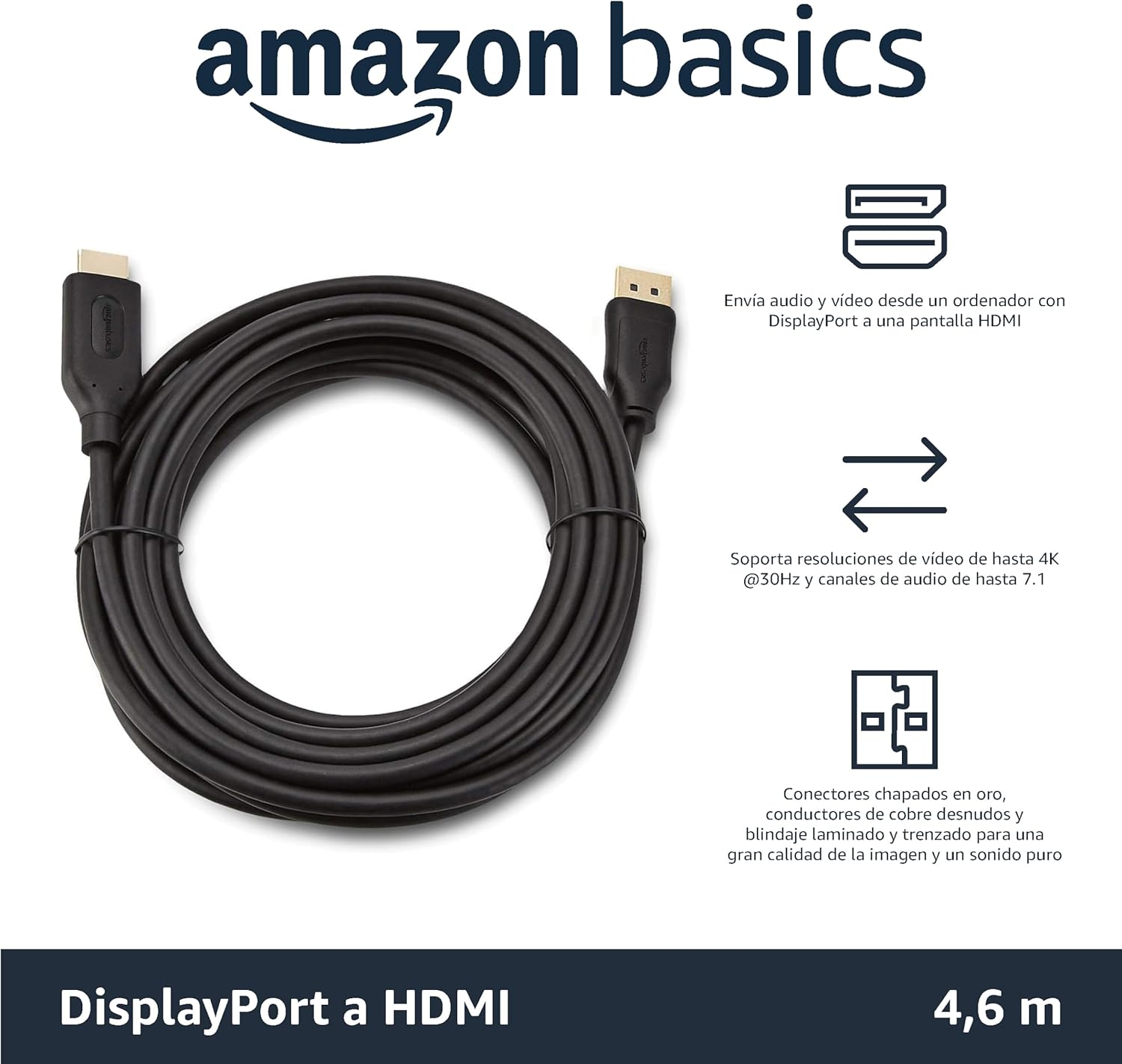 Thumbnail 1 de Amazon Basics Cable DisplayPort a HDMI 4.5m, Oro, Negro
