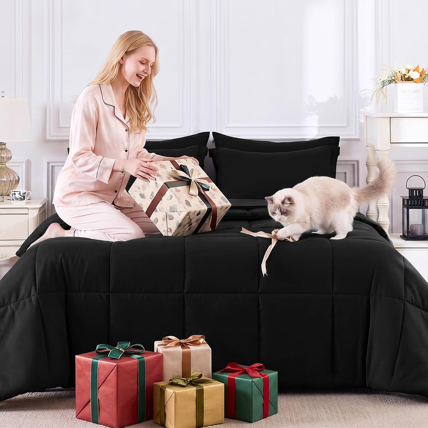 Detalle de CozyLux Twin XL Comforter Set Black – 5 Pieces, All-Season Down Alternative Bedding in a Bag