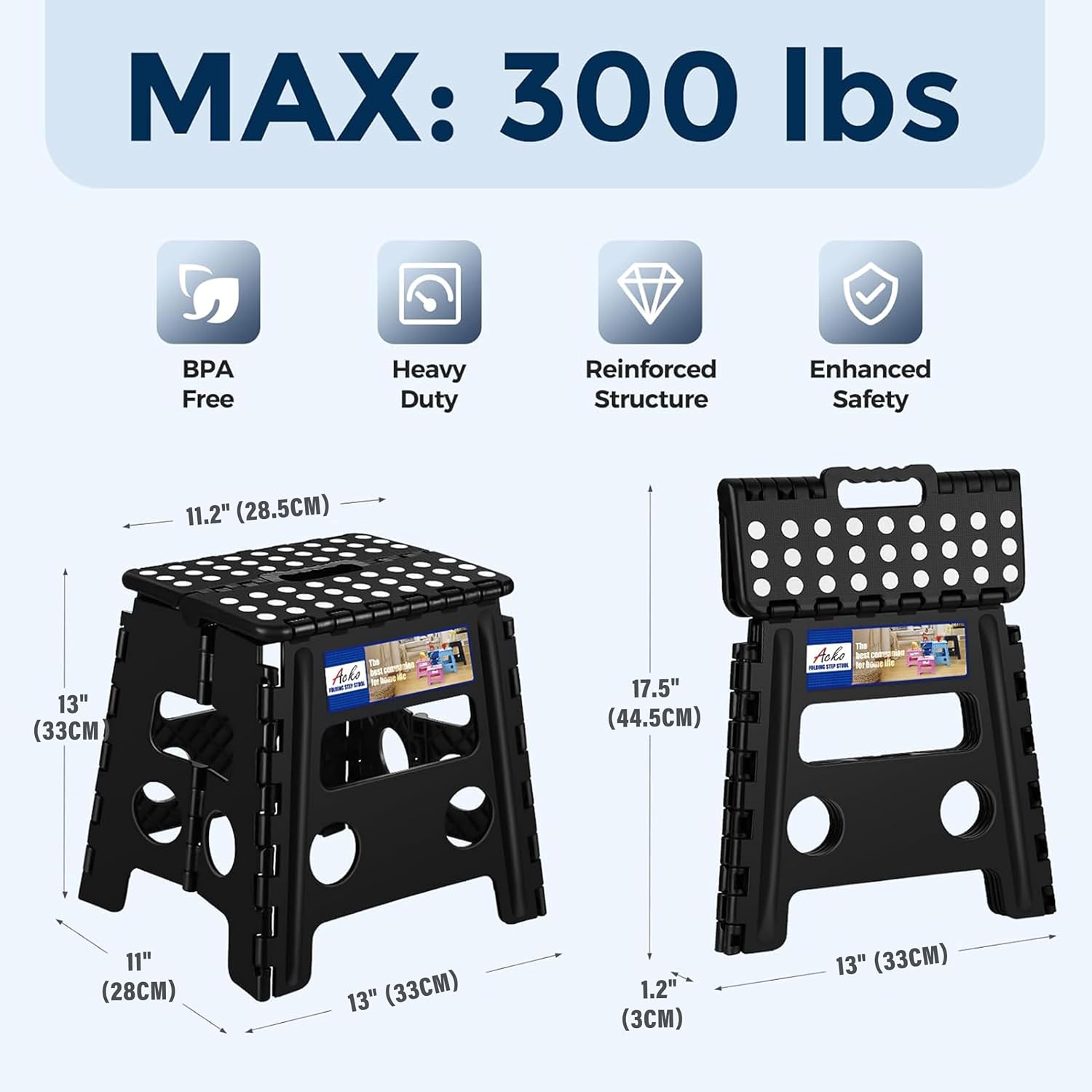 Detalle de ACKO Folding Step Stool 13 Inch (Up to 300 lbs) — Sturdy, Collapsible, Non-Slip Step Stool with Handle