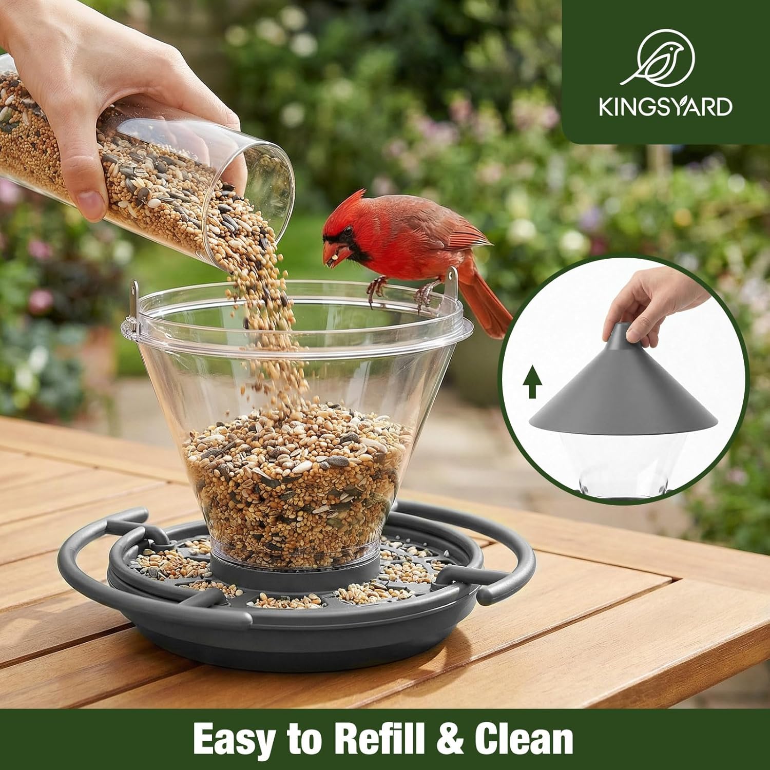 Detalle 2 de Kingsyard Bird Feeder for Outdoors Hanging, 3 lb Large Capacity, No-Spill Tray & Built-in Perch (Grey)