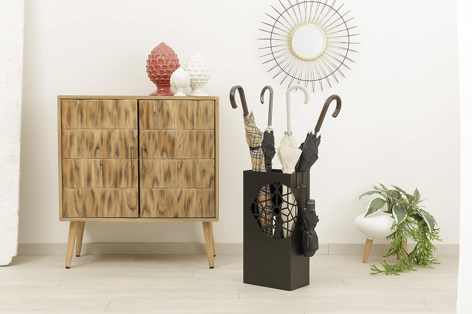 Detalle de Baroni Home Portaombrelli Design Moderno in Metallo Squadrato, 2 Ganci, Vaschetta Scolapioggia Rimovibile, 25x15x50 cm Nero