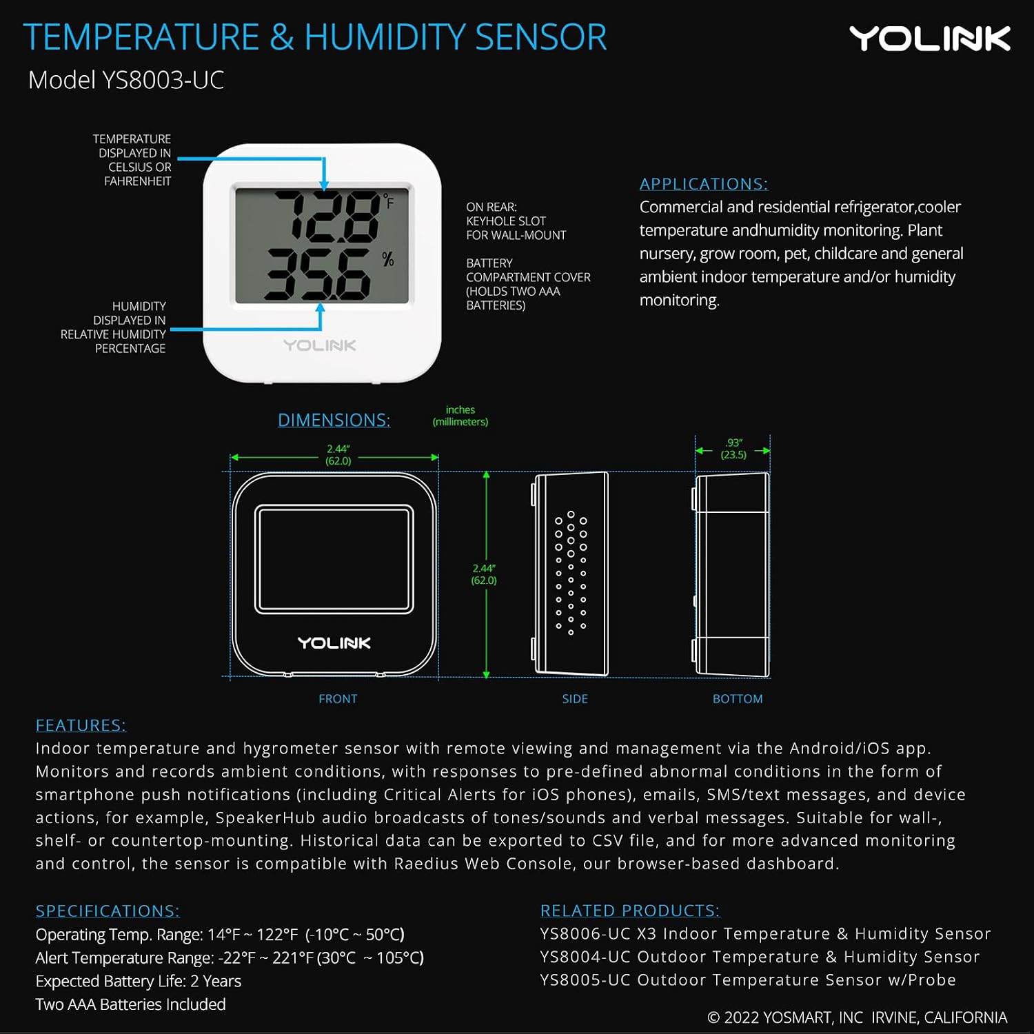 Detalle de YoLink YS8003 Indoor Temperature and Humidity Sensor with LoRa Alerts
