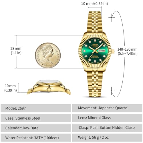 Detalle de NIBOSI Damen Analog Quarz Uhr aus Edelstahl – grünem Zifferblatt mit Datumsanzeige