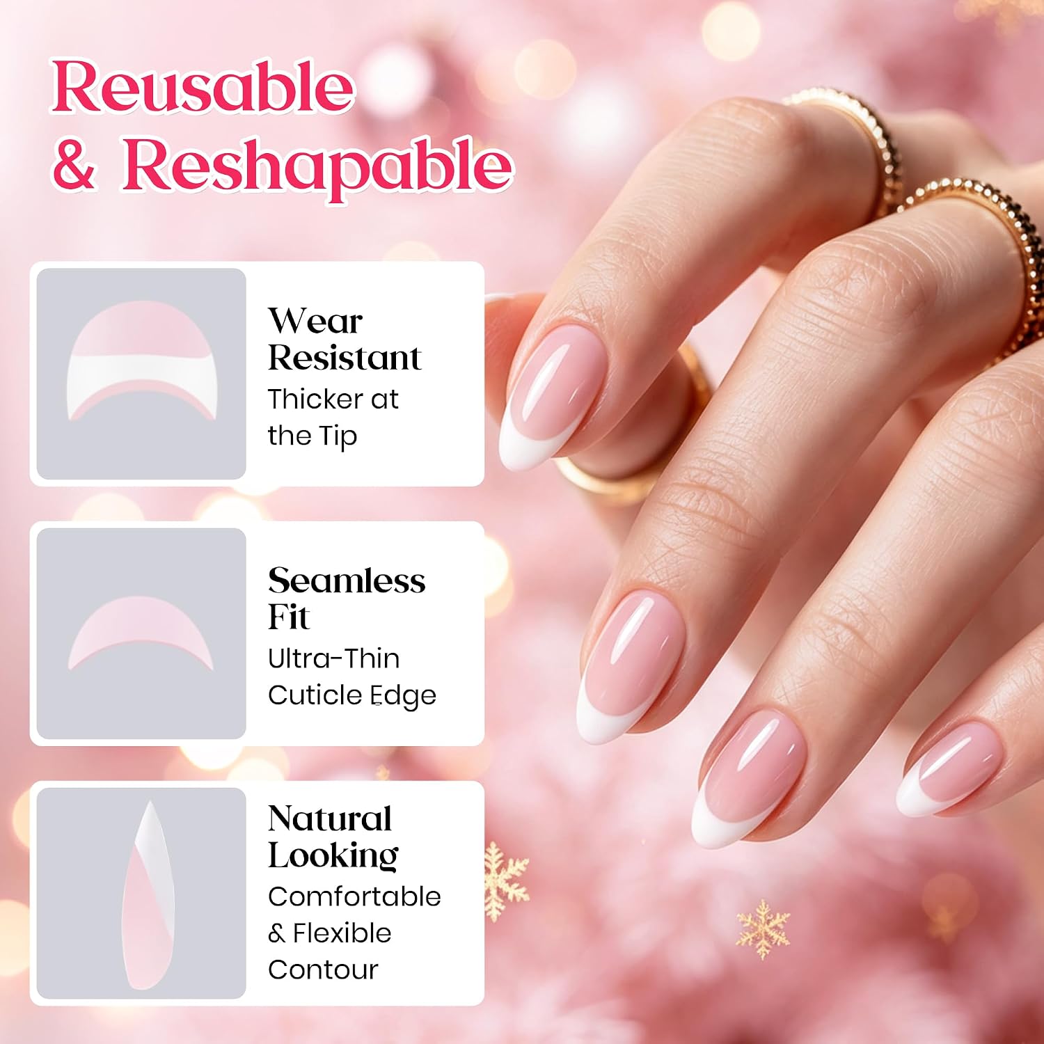 Detalle 2 de Beetles French Tips Press On Nails: 224 Pink Short Almond Nails (16 Sizes)