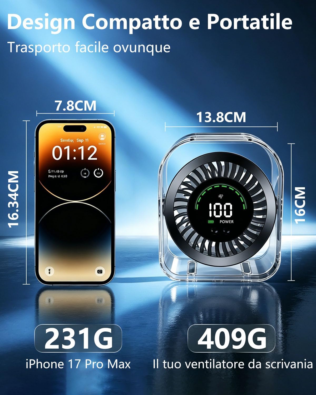 Thumbnail 6 de Ventilatore da Tavolo Silenzioso con Rotazione 360° e Display LED – 4000mAh, Regolazione Continua 1–100, Autonomia fino a 17 Ore