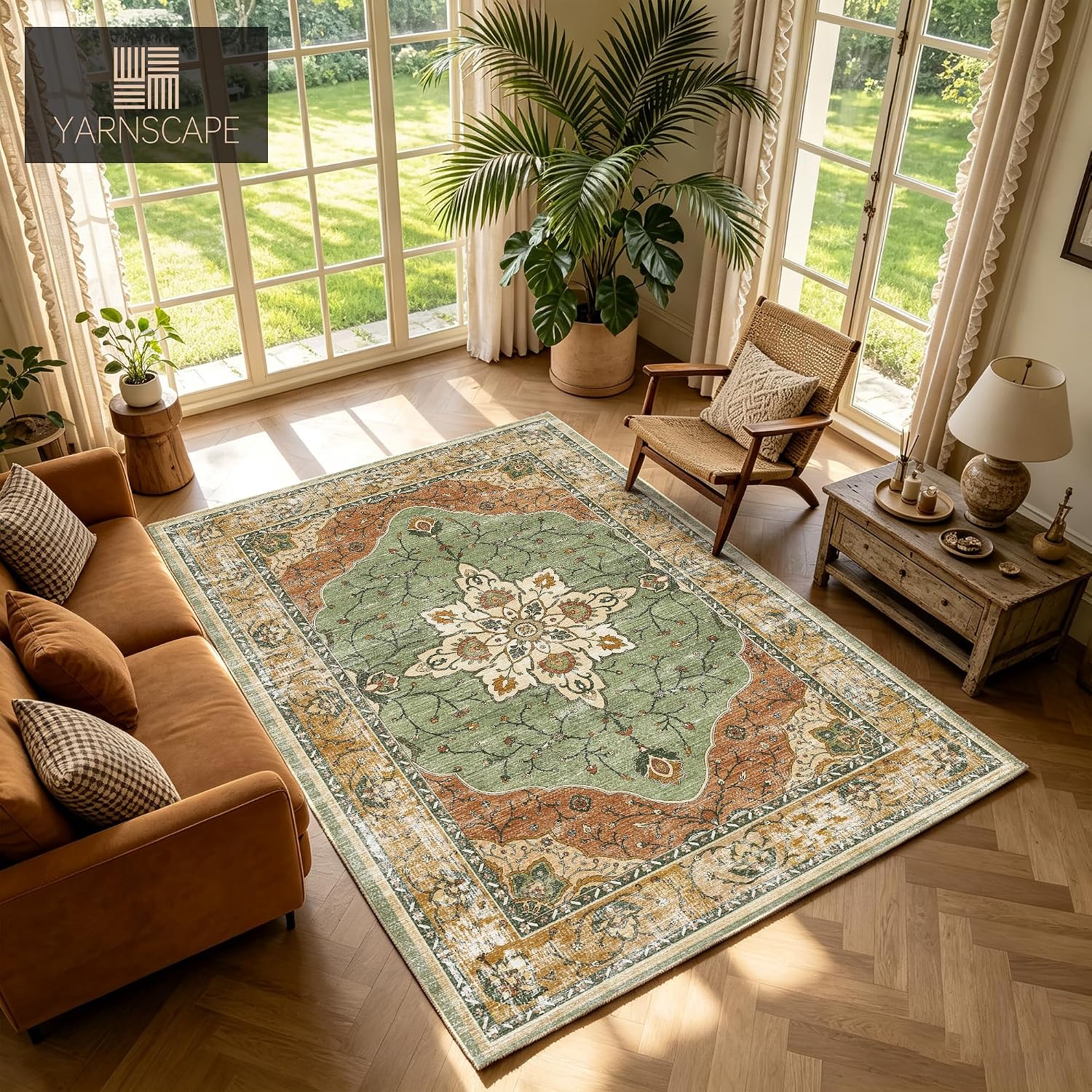 Detalle de YARNSCAPE Area-Rug 5' x 7' Washable Low-Pile Rug, Non-Slip, Sage Green
