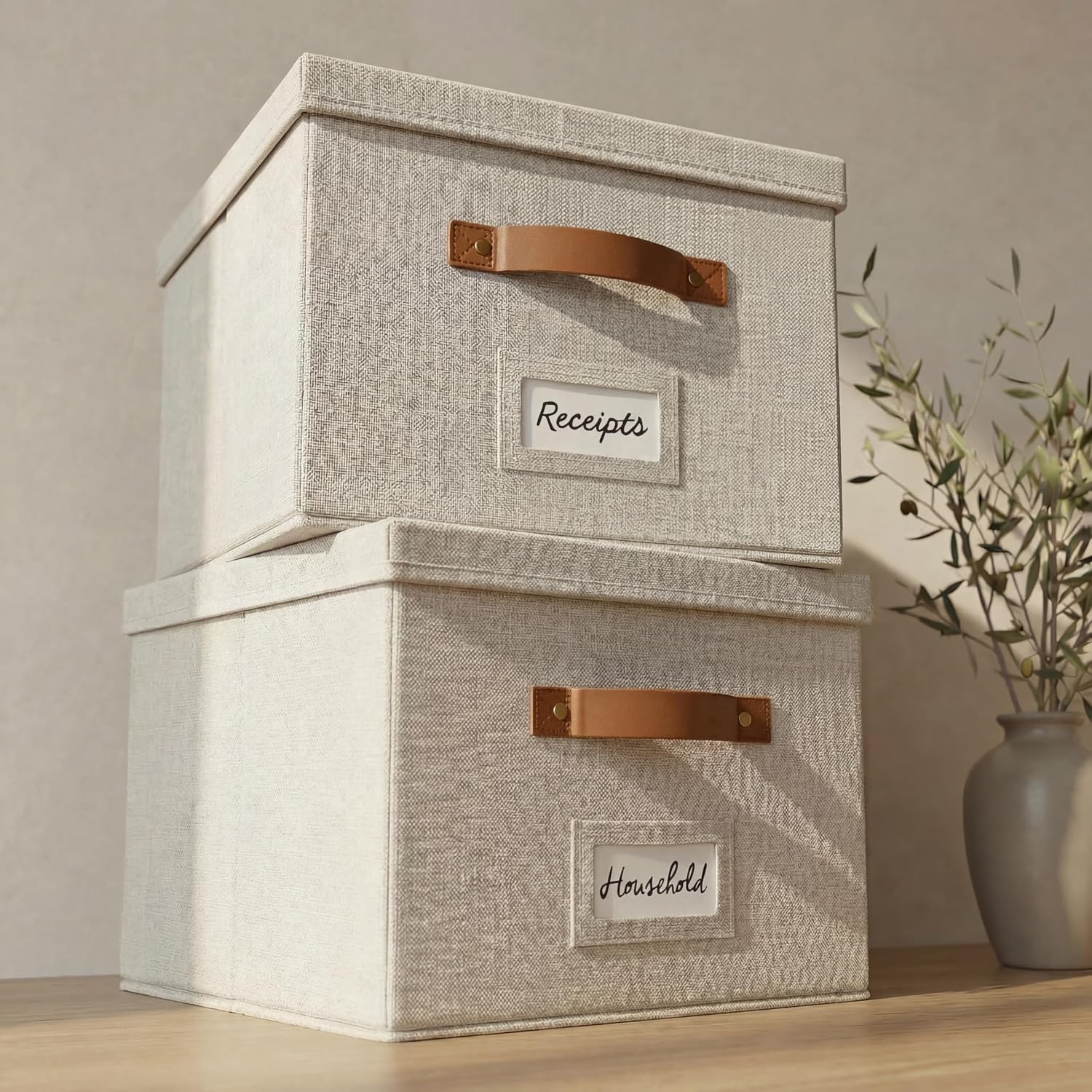 Detalle de ZICOTO zic-mfilebox2-ivory-243 Linen File Organizer Boxes, Set of 2