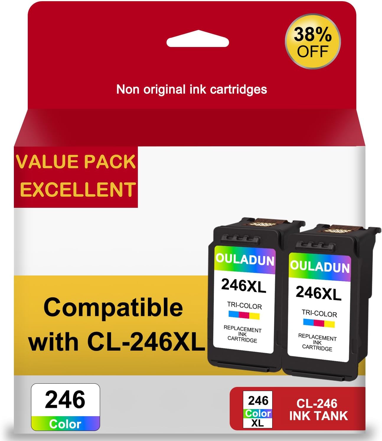 Detalle de OULADUN 246XL Color Ink Cartridge, Remanufactured 2-Pack for Canon PIXMA