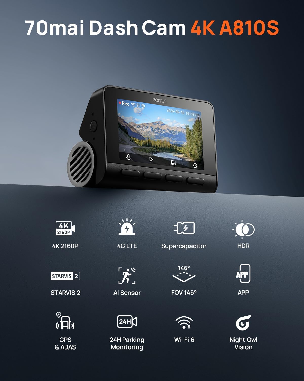 Thumbnail 1 de 70mai 4K A810S Front Dashcam with STARVIS 2 HDR, ADAS, 24H Parking Monitoring (with 128GB microSD included)