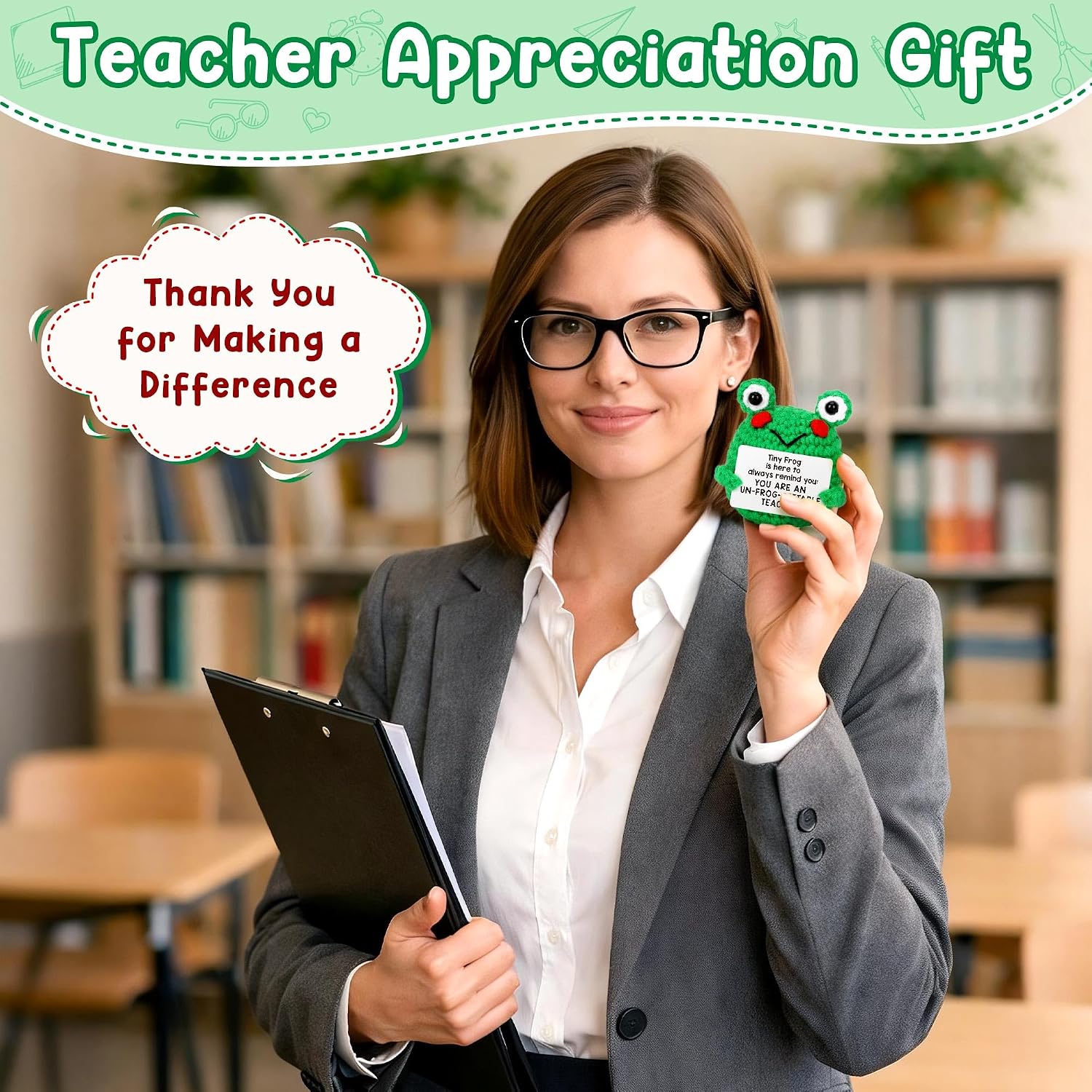 Thumbnail 3 de Teacher Appreciation Gift: Handmade Crochet Frog with Encouragement Card