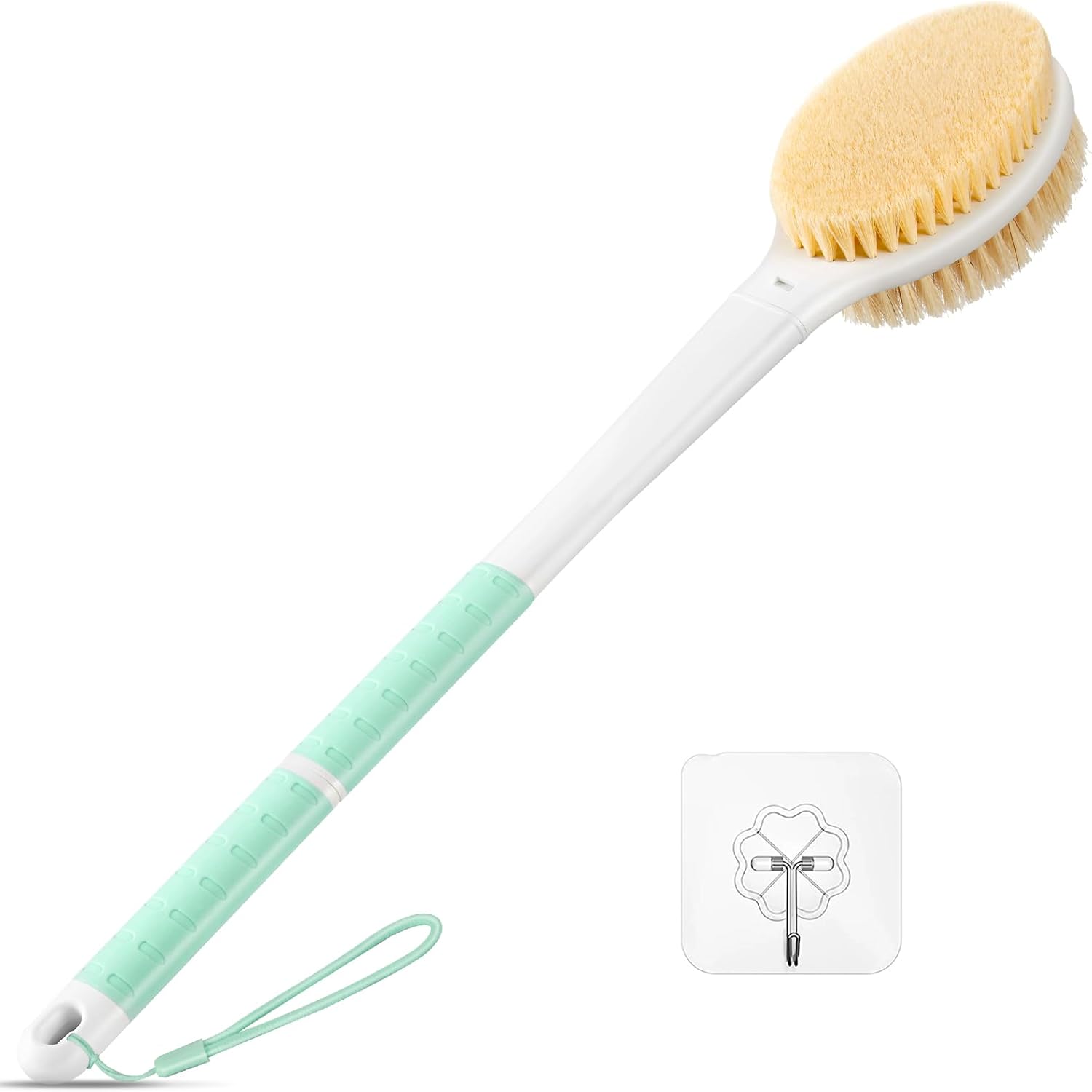 Detalle de Back Scrubber Body Shower Brush with Anti-Slip Long Handle (Mint Green) – Stiff & Soft Double-Sided Bristles