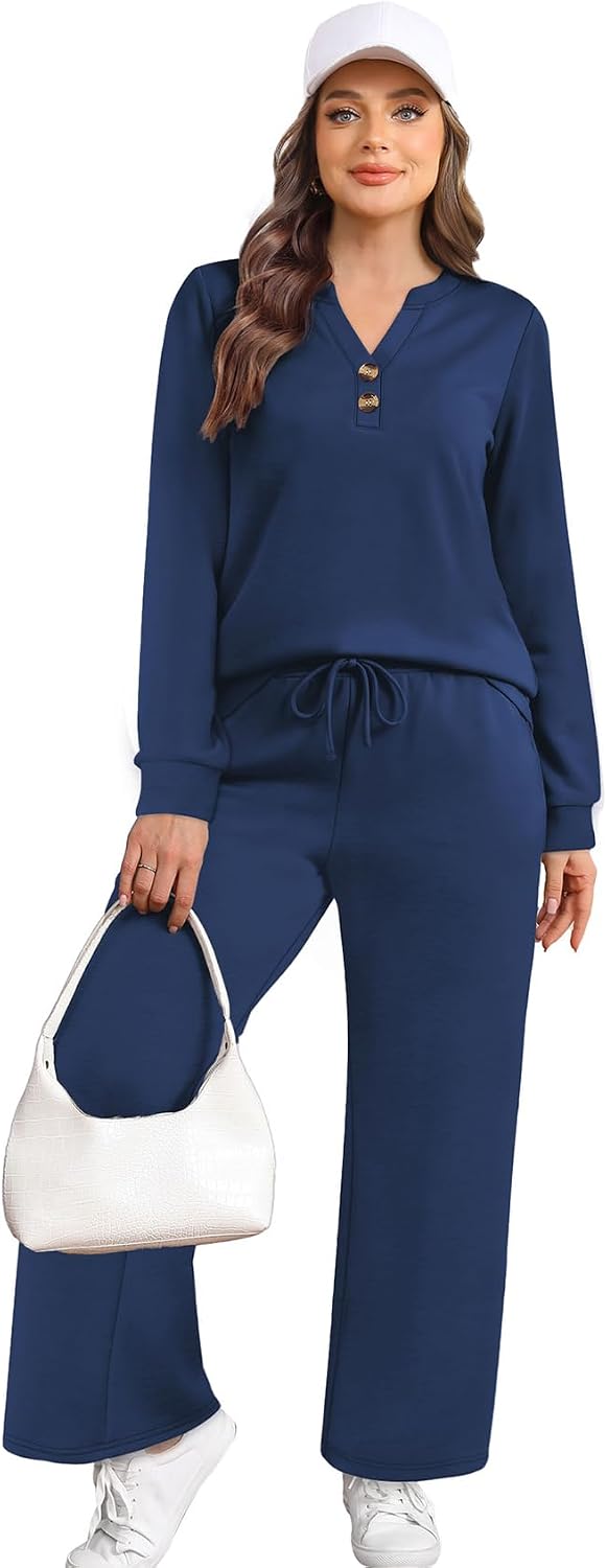 Detalle de WIHOLL Two-Piece Lounge Set for Women, Long-Sleeve Top & Wide-Leg Pants, XS–2XL