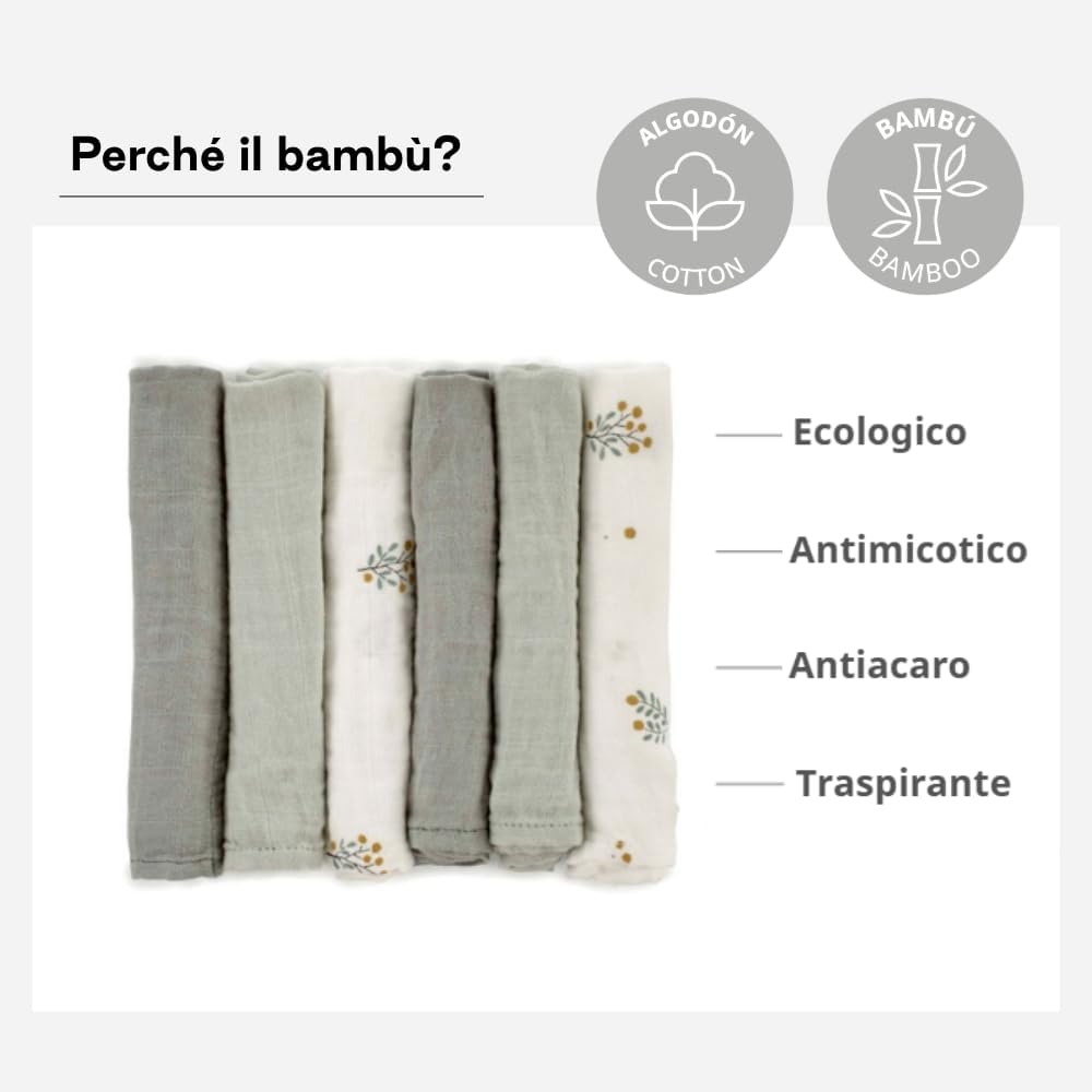 Thumbnail 2 de Jané Set 6 Mussole Neonato 35x35 cm – Cotone e Bambù Naturale, Multiuso, Antiallergiche, Eco, Verde
