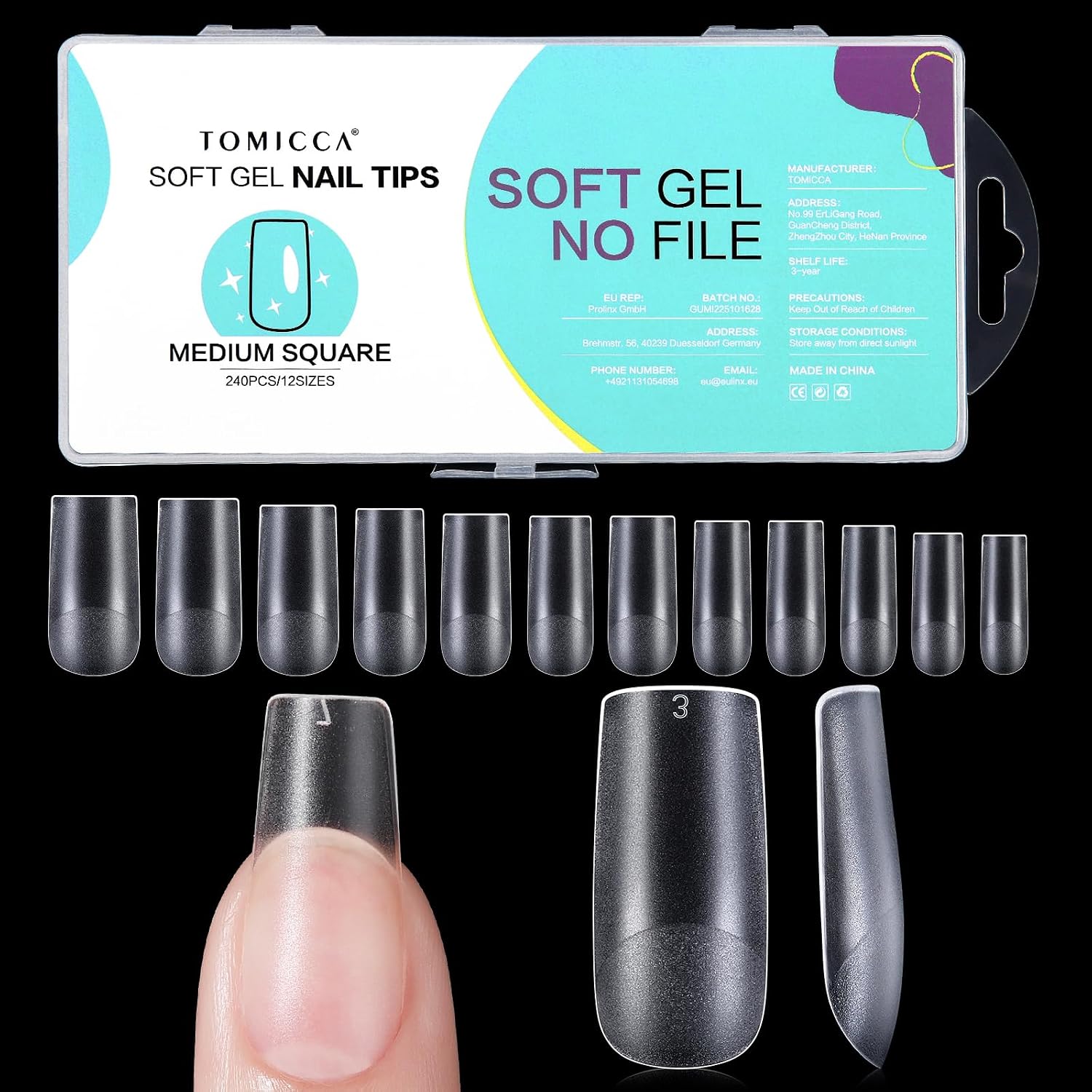 Detalle de TOMICCA Square Medium Nageltips – 240 Stück in 12 Größen für Gel- und Acrylnägel