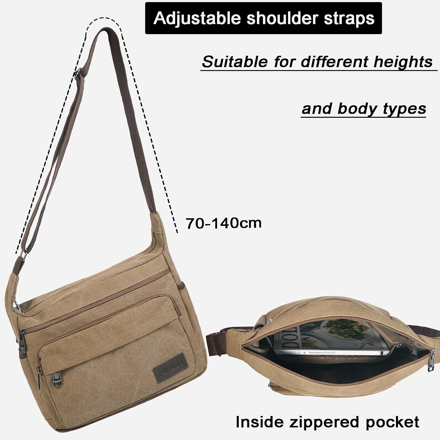 Thumbnail 6 de JAKAGO Canvas Messenger Bag (15 inch) – waterproof shoulder bag with multiple pockets for school, travel & work