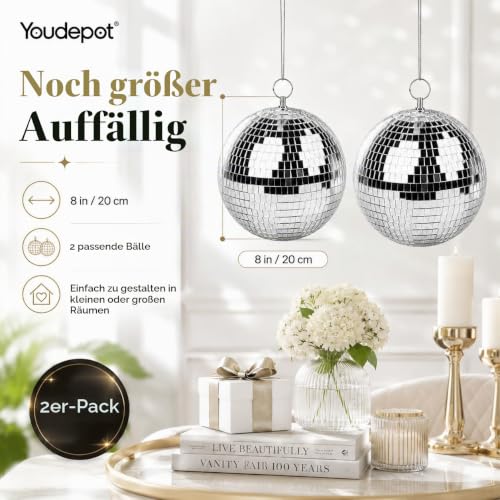 Thumbnail 10 de Youdepot 20 cm Discokugel 2er Set – Große, silberne Spiegelkugeln zum Aufhängen