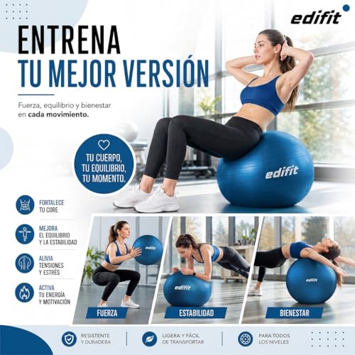 Detalle de EDIFIT Pelota de Pilates 65 cm Azul – Juego completo con hinchador