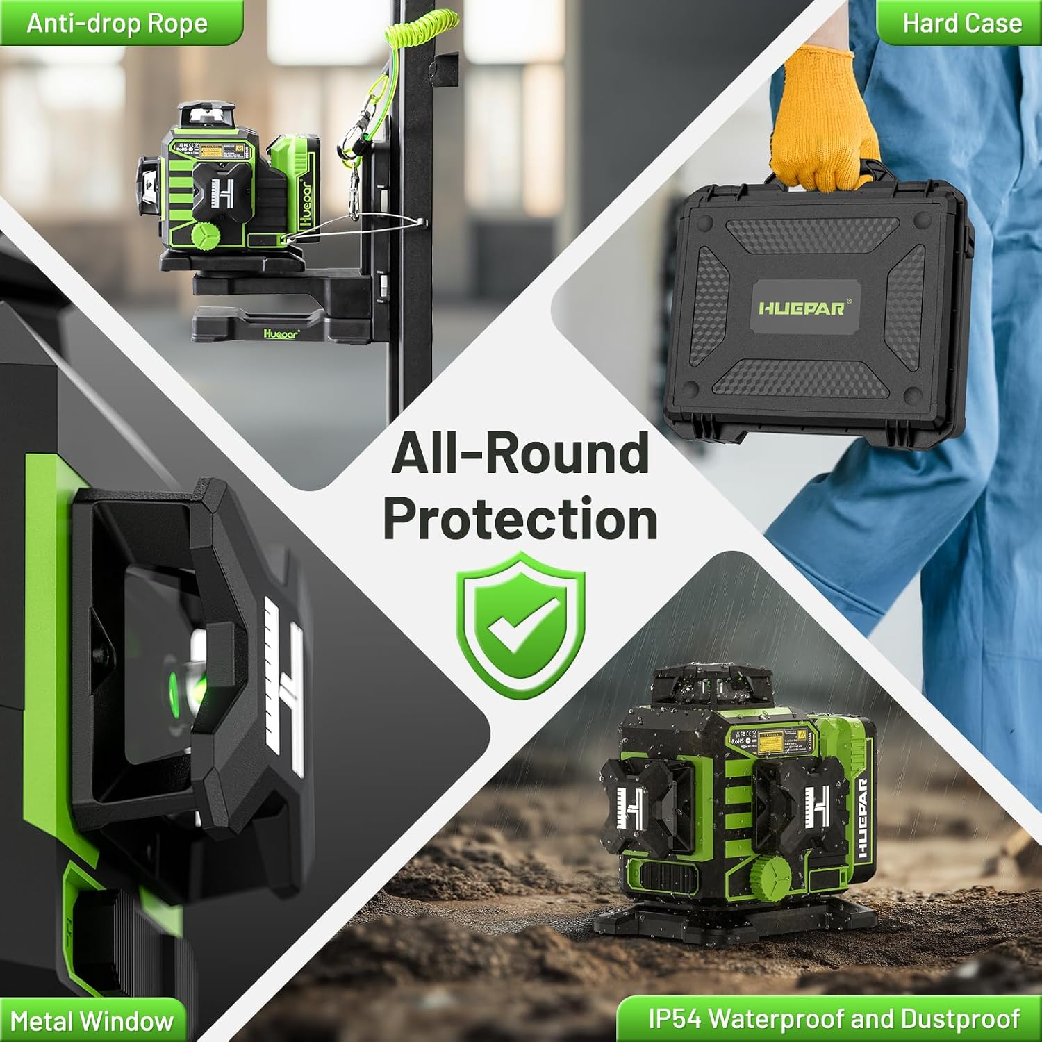 Thumbnail 6 de Huepar W03CG New Construction 3D 3x360 Green Laser Level (Bluetooth, Electric 360° Base & Large LCD)