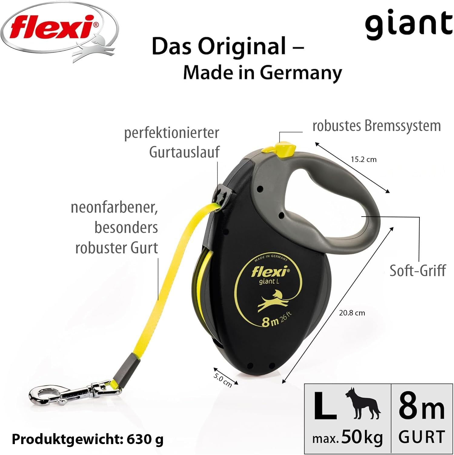 Detalle de flexi Giant L Hundeleine, 8 m Gurt – schwarz/neon-gelb