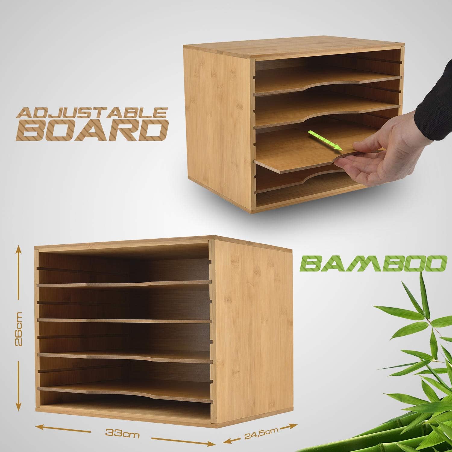 Detalle de Dimono® skrivbordsorganisatör i bambu för A4 med fem fack och justerbara hyllor