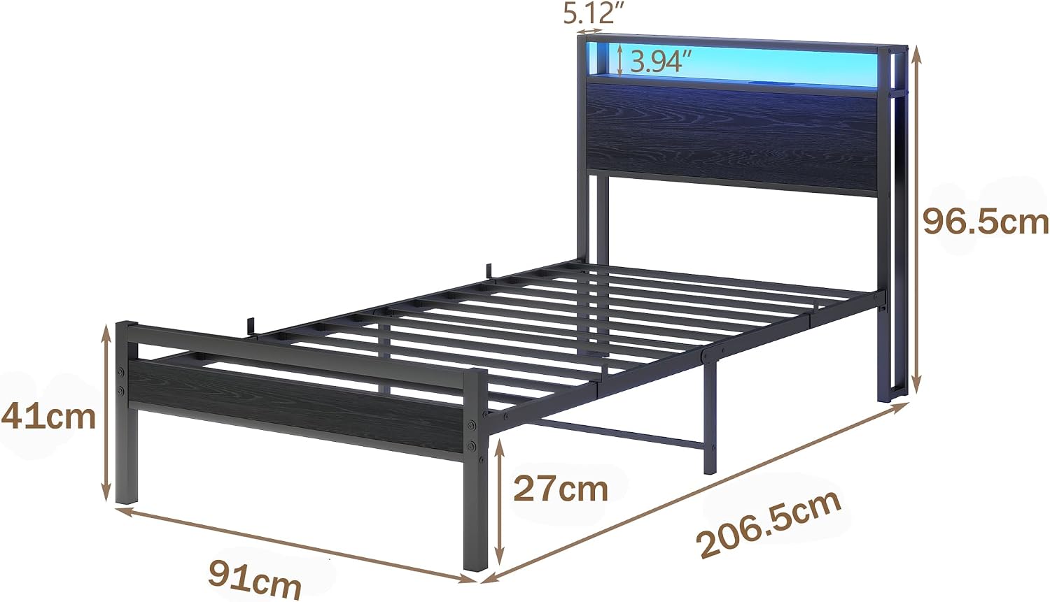 Detalle 2 de HOJINLINERO Single Bed Frame 3ft with LED