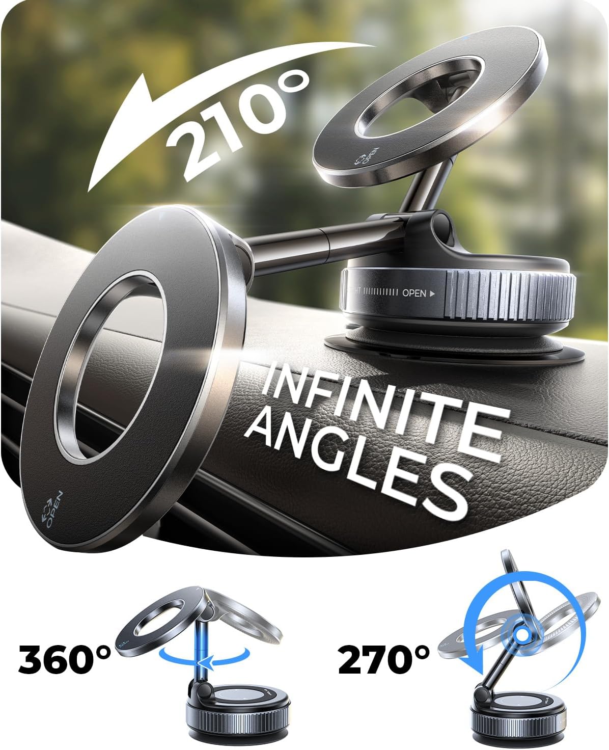 Detalle de MRGLAS 2026 Upgraded Vacuum Magnetic Car Phone Holder with 360° Rotational Arm and 2800gf Magnets
