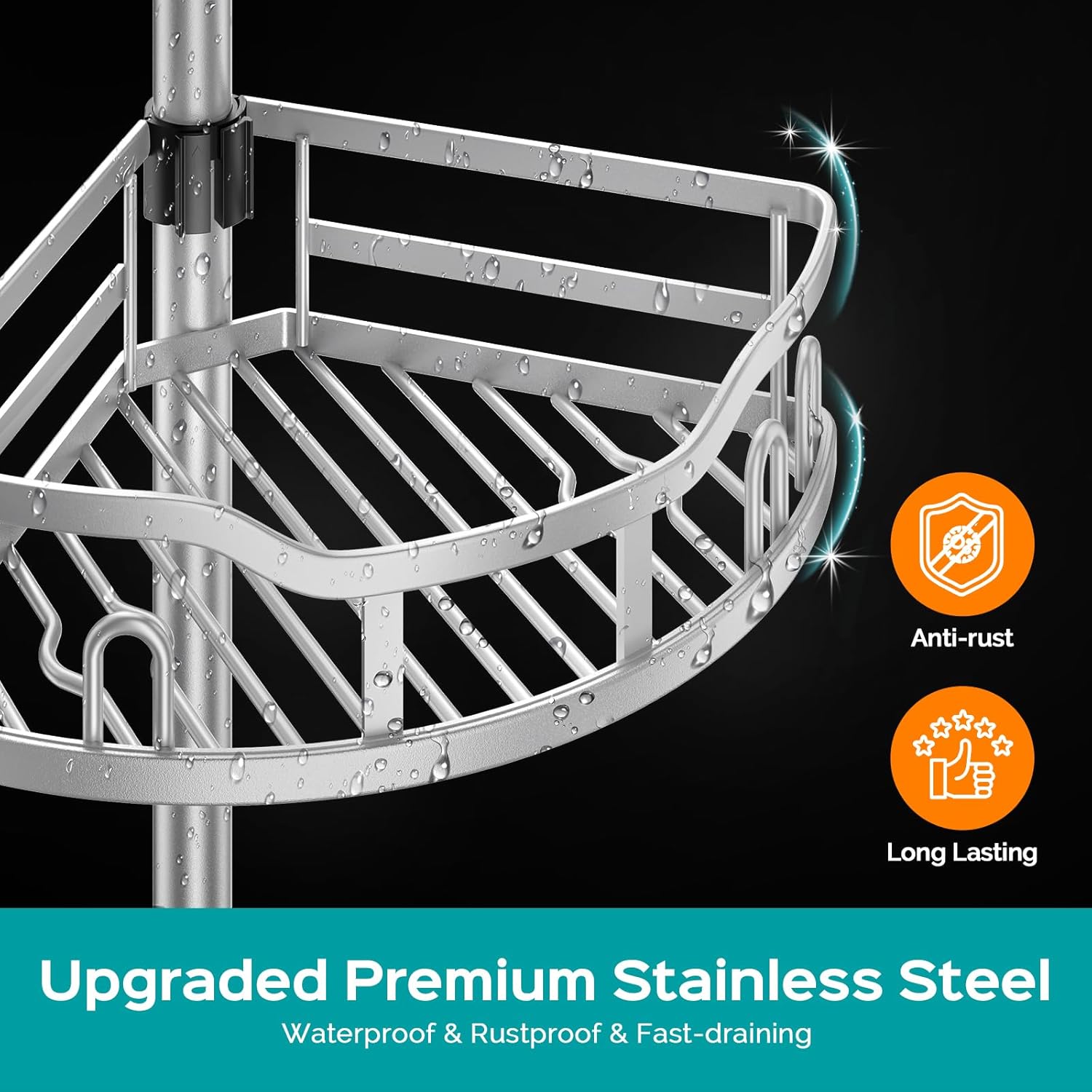 Thumbnail 4 de HAMITOR Corner Shower Caddy Tension Pole – 4-Tier Rustproof Steel Organizer for 47–121 Inch Corners