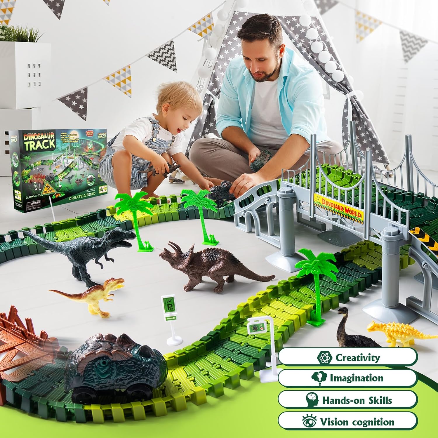 Detalle de Dinosaurier Spielzeug Autorennbahn – DIY Rennstrecke mit 2 Dinolokomobilen für kreativen Abenteuer