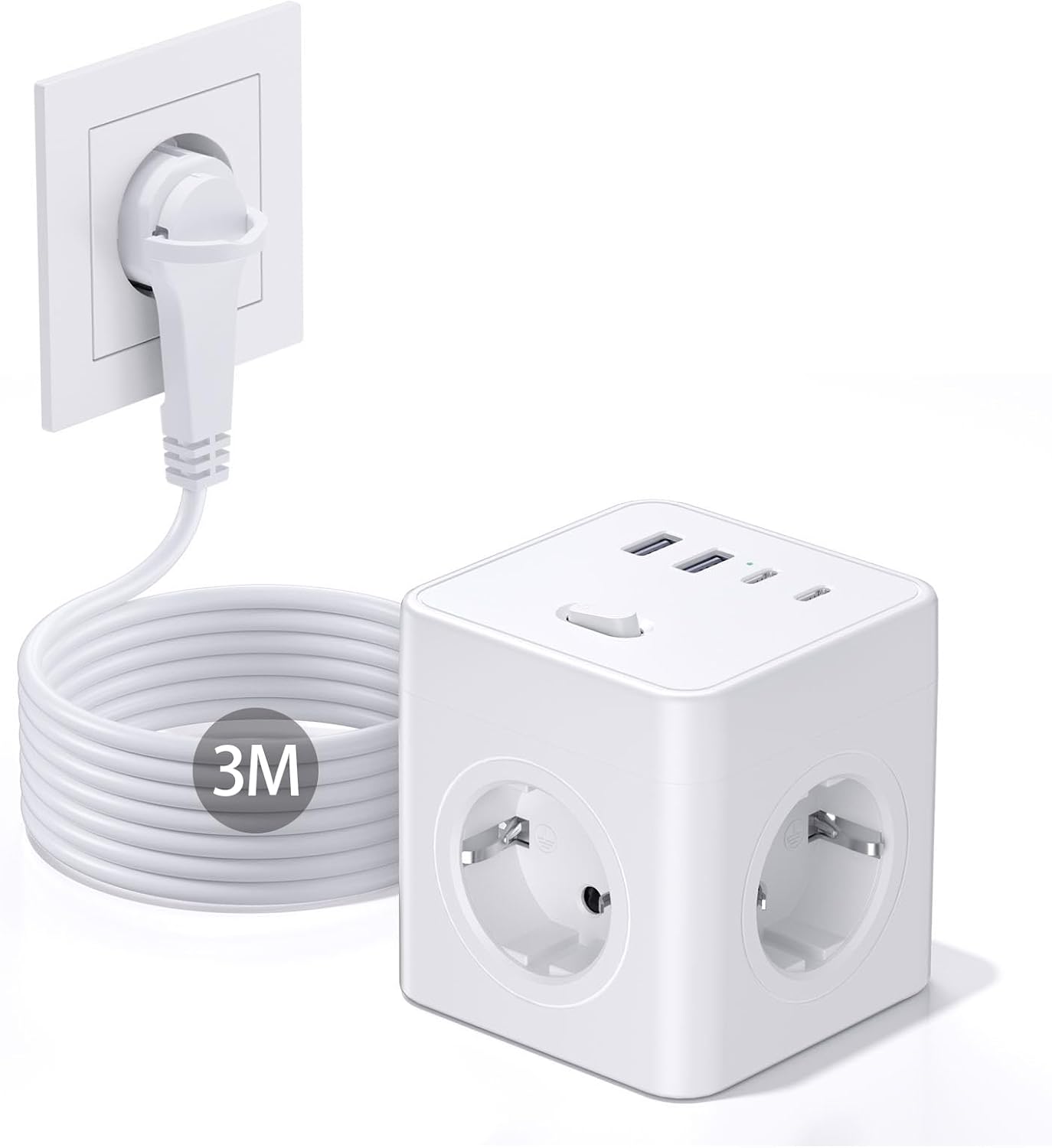 Detalle de Pluackg Steckdosenwürfel 8-in-1 USB Powercube – 4x Steckdosen, 2x USB-A, 2x USB-C, 3 m Kabel