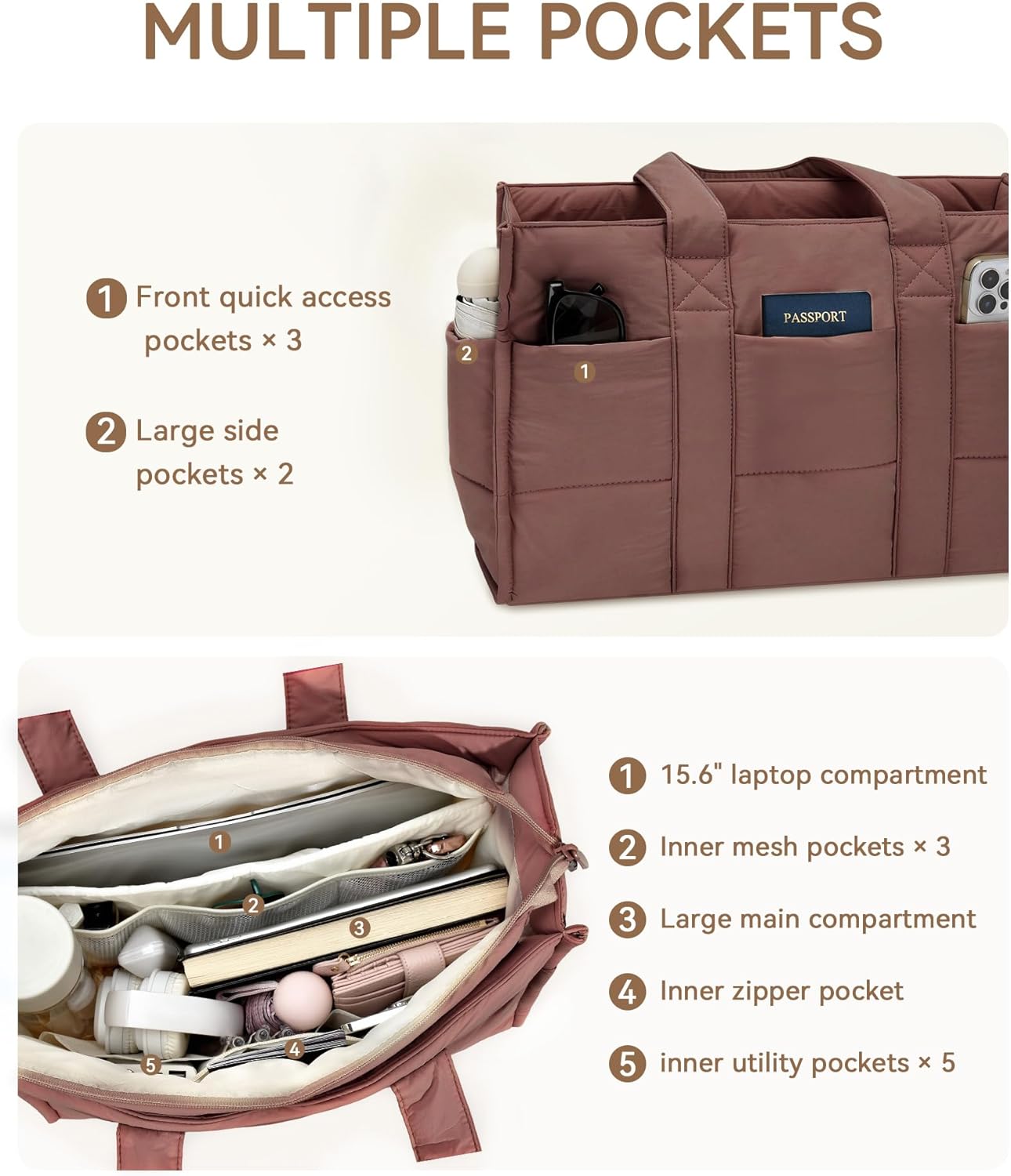 Thumbnail 4 de oscaurt Large Tote Bag Puffy Handbag for Women: 20L, 16 Pockets, Water-Resistant