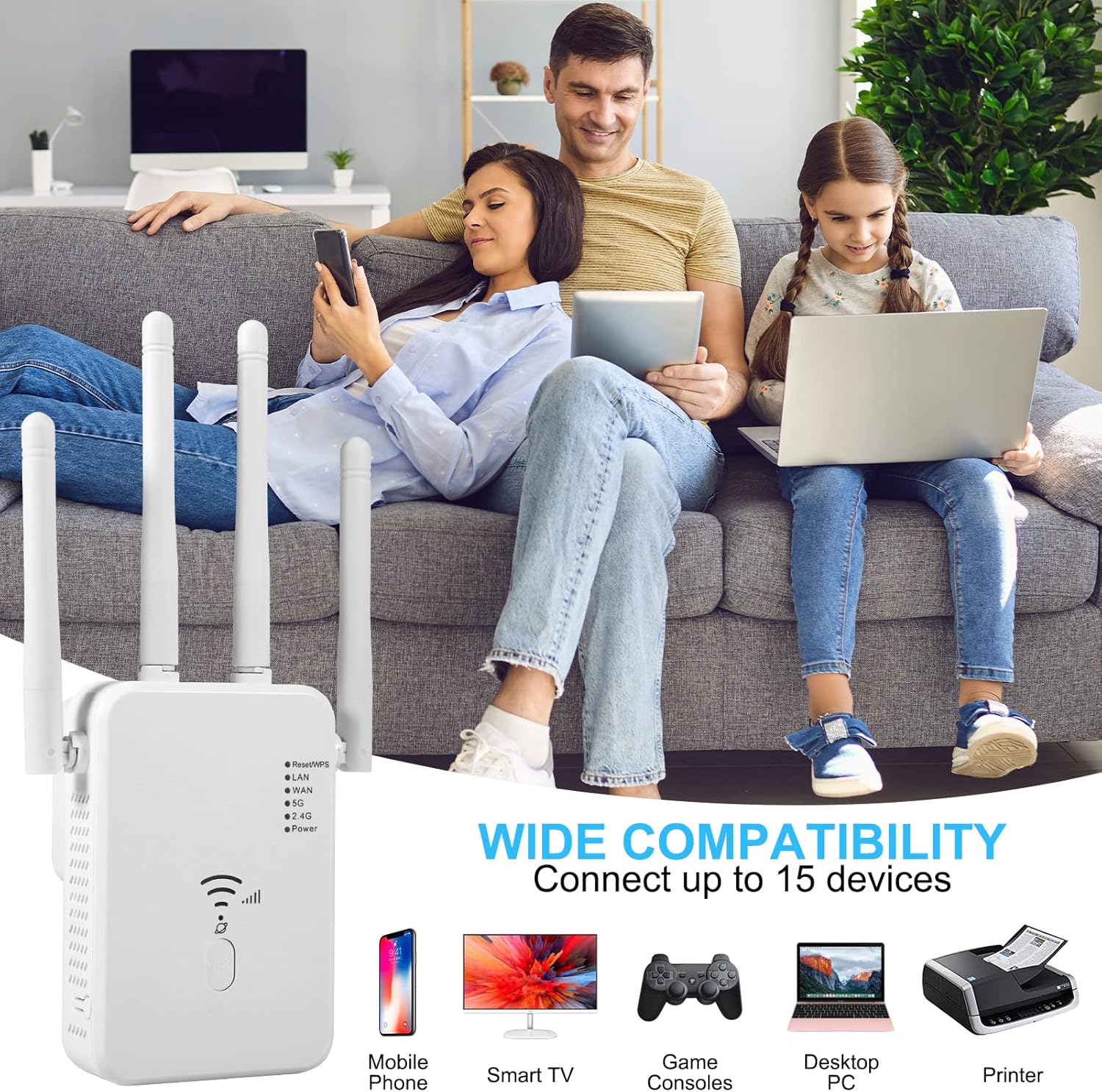 Detalle de WLAN Repeater 1200 Mbit/s Dual-Band mit 4 Antennen – Repeater/AP/Router-Modus, LAN/WAN-Port
