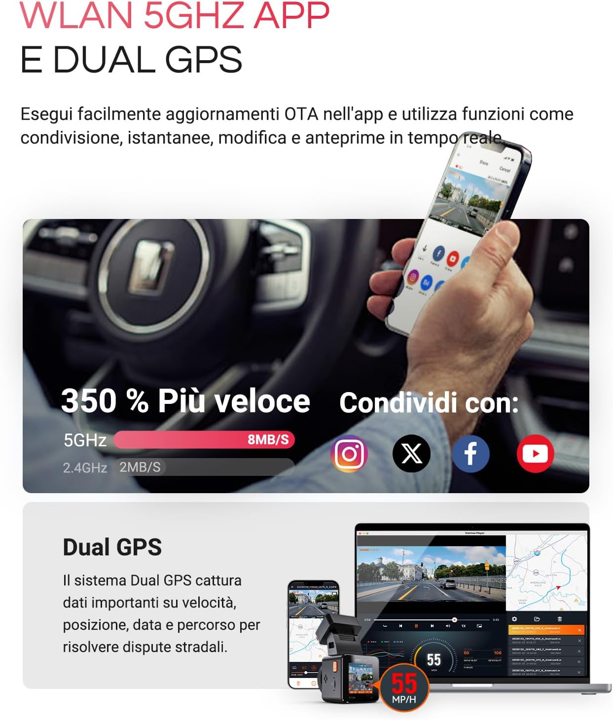 Thumbnail 4 de VANTRUE 4K HDR Dash Cam Auto E1 Pro con GPS, WiFi 5GHz e Visione Notturna 2.0