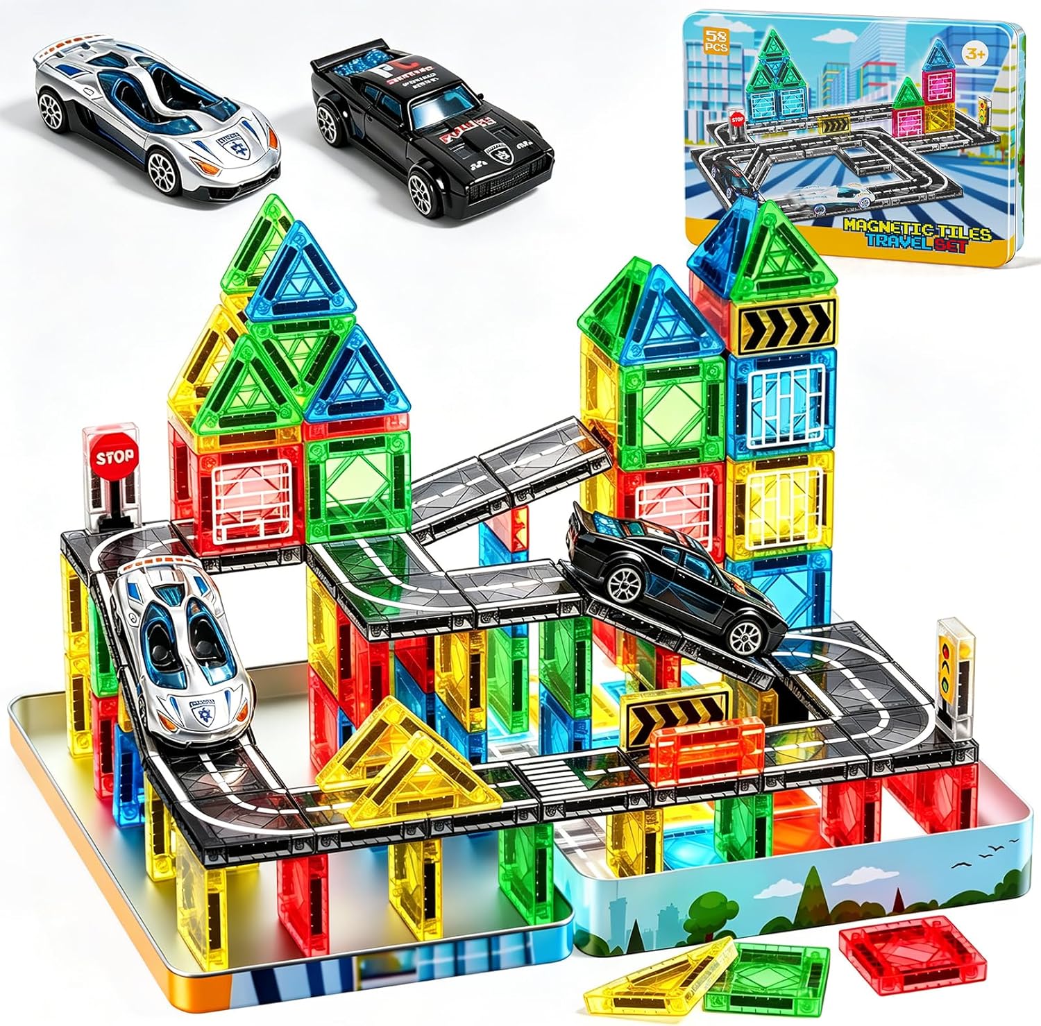 Detalle de iKidiki 58 PCS Mini Travel Magnetic Tiles Set – Compact City-Building Play for 3–6 Year Olds