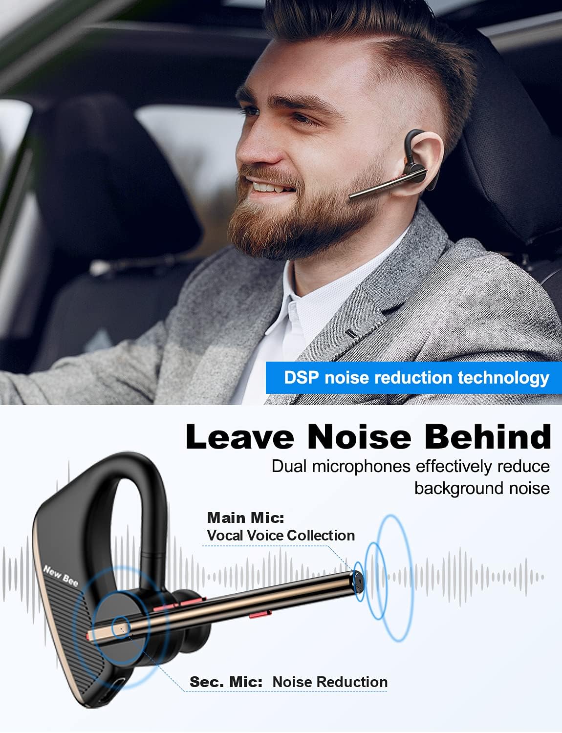 Detalle de New Bee Bluetooth Headset Handsfree: Lightweight 24h Talk Time, ENC Noise Reduction and Dual Mics