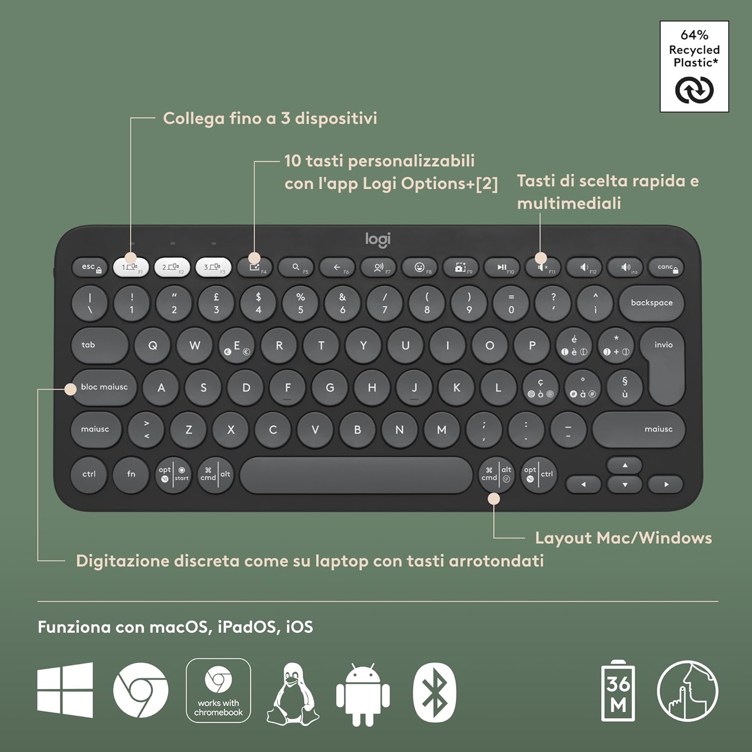 Thumbnail 6 de Logitech Pebble Keys 2 K380s: tastiera Bluetooth multi-dispositivo sottile e portatile