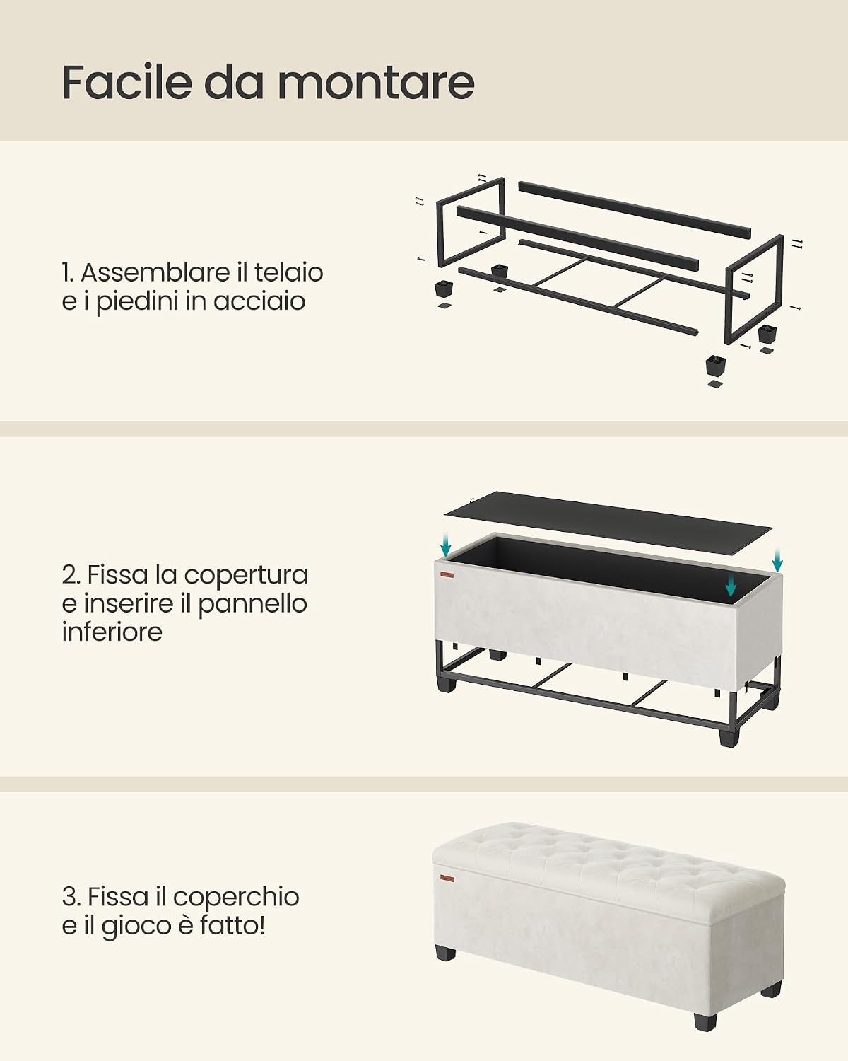Detalle 2 de SONGMICS Cassapanca Pouf contenitore bianco crema con gambe in legno LSF089W01, 40 x 110 x 39 cm
