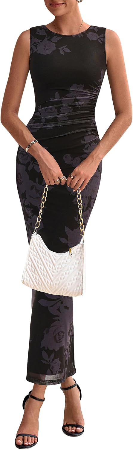 Thumbnail 2 de PRETTYGARDEN Womens Summer Wedding Guest Dress 2026 Mesh Sleeveless Bodycon Ruched Floral Maxi