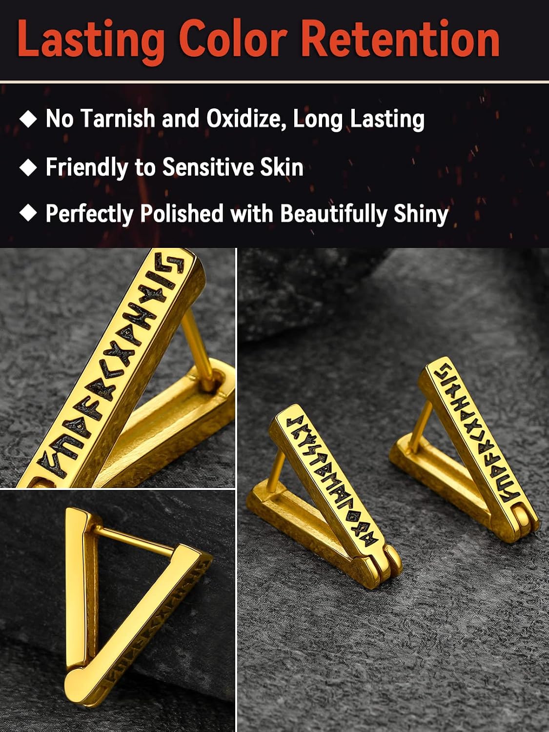 Detalle de FaithHeart Viking Hoop Earrings for Men with Norse Runes – Stainless Steel 316L, Hypoallergenic, Gift Wrapped