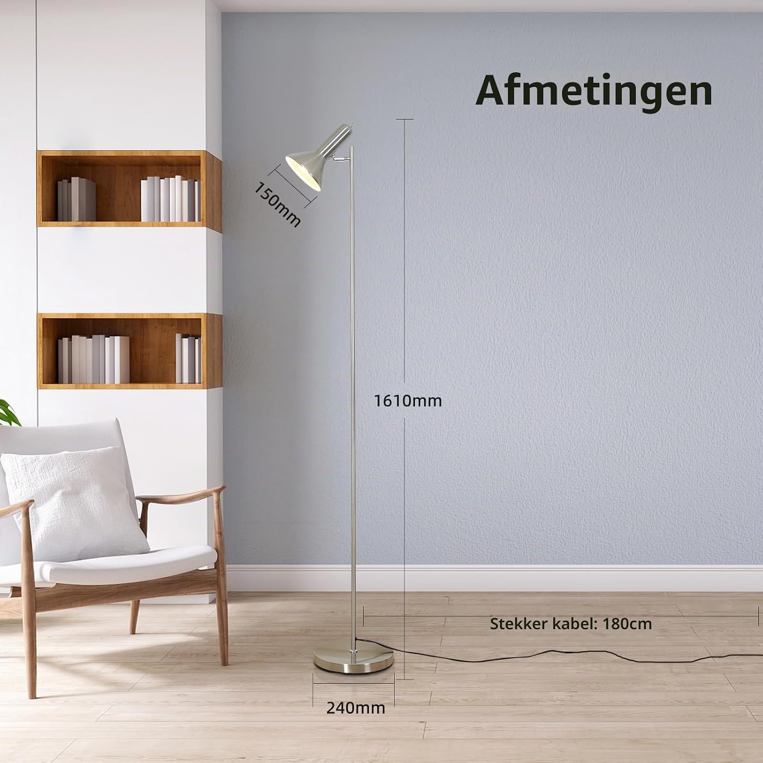 Detalle 2 de Amdelne vloerlamp met verstelbare lichtkop, E27-fitting en metalen nikkelkleur