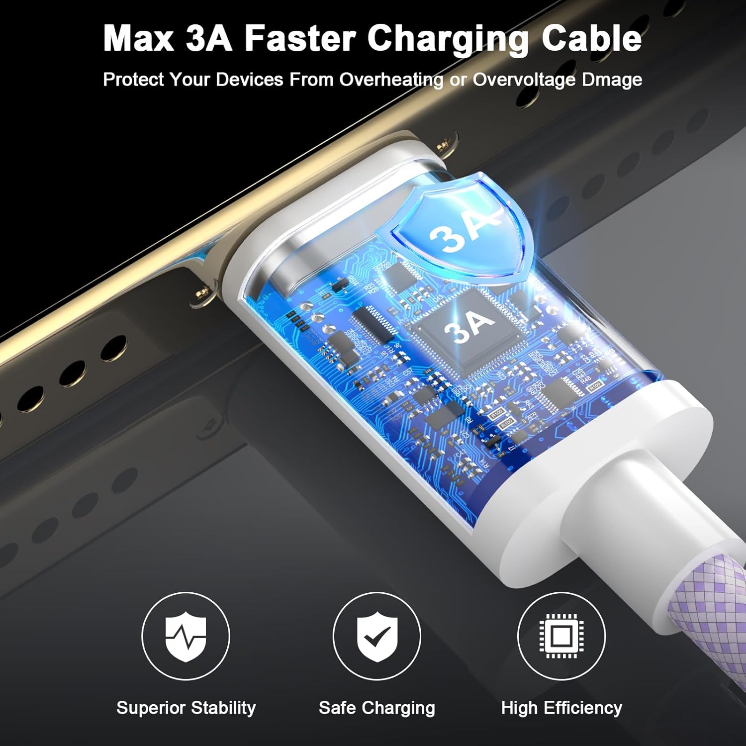 Thumbnail 2 de Car CarPlay Cable for iPhone 16/15 (3 Pack) – 2m USB-A to USB-C Woven Car Charger Cord, Purple