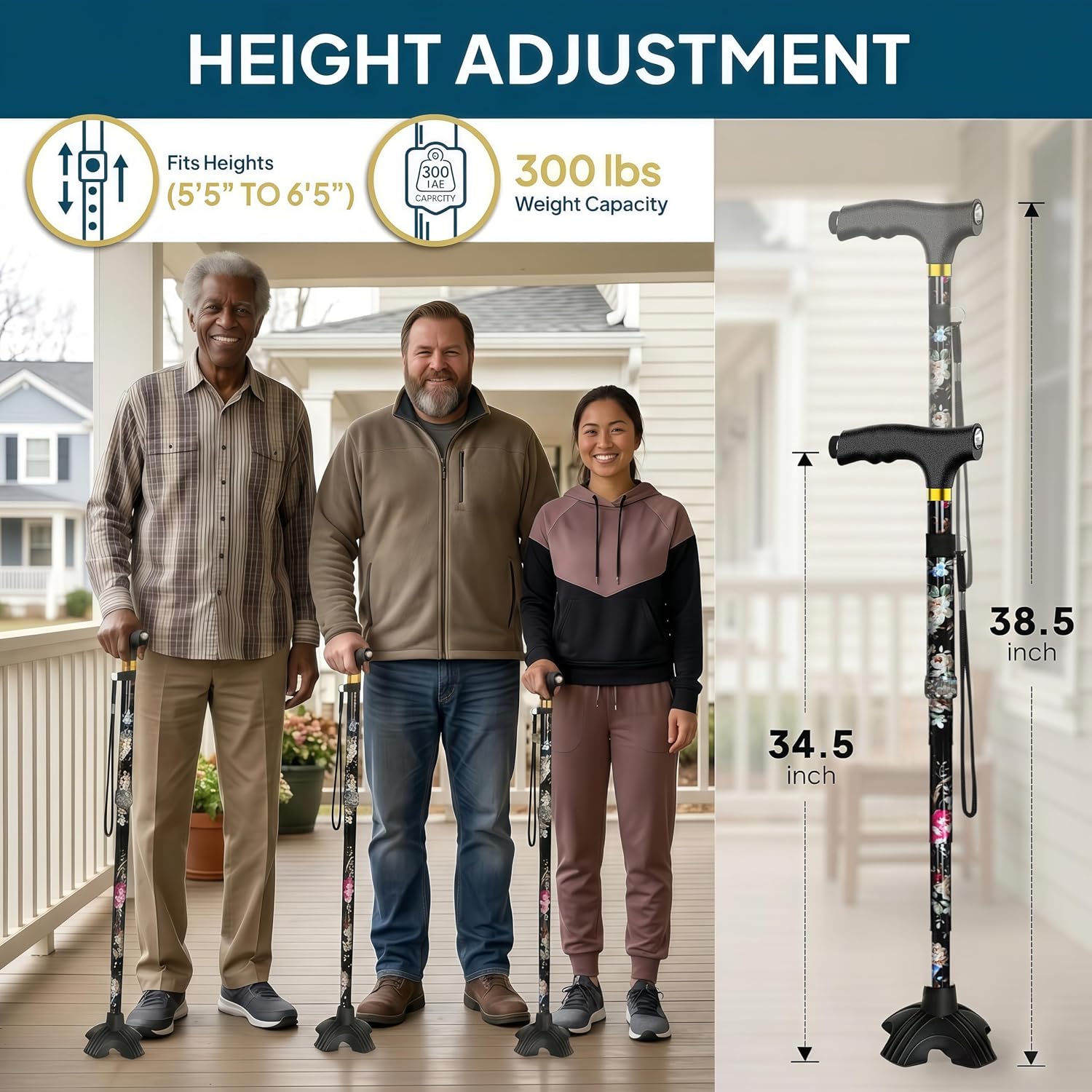 Detalle 1 de Hedkin Folding Walking Cane with LED Light, Adjustable Height, Quad Base