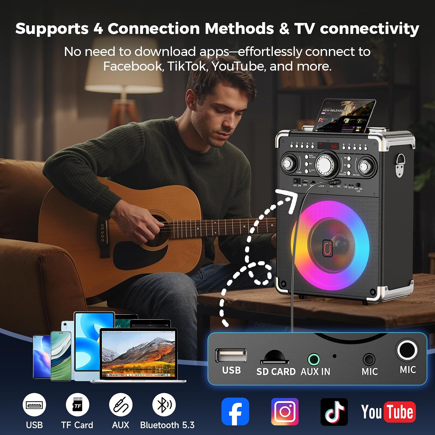 Detalle 2 de HWWR Karaoke Machine, Portable Bluetooth Speaker with 3 Wireless Mics
