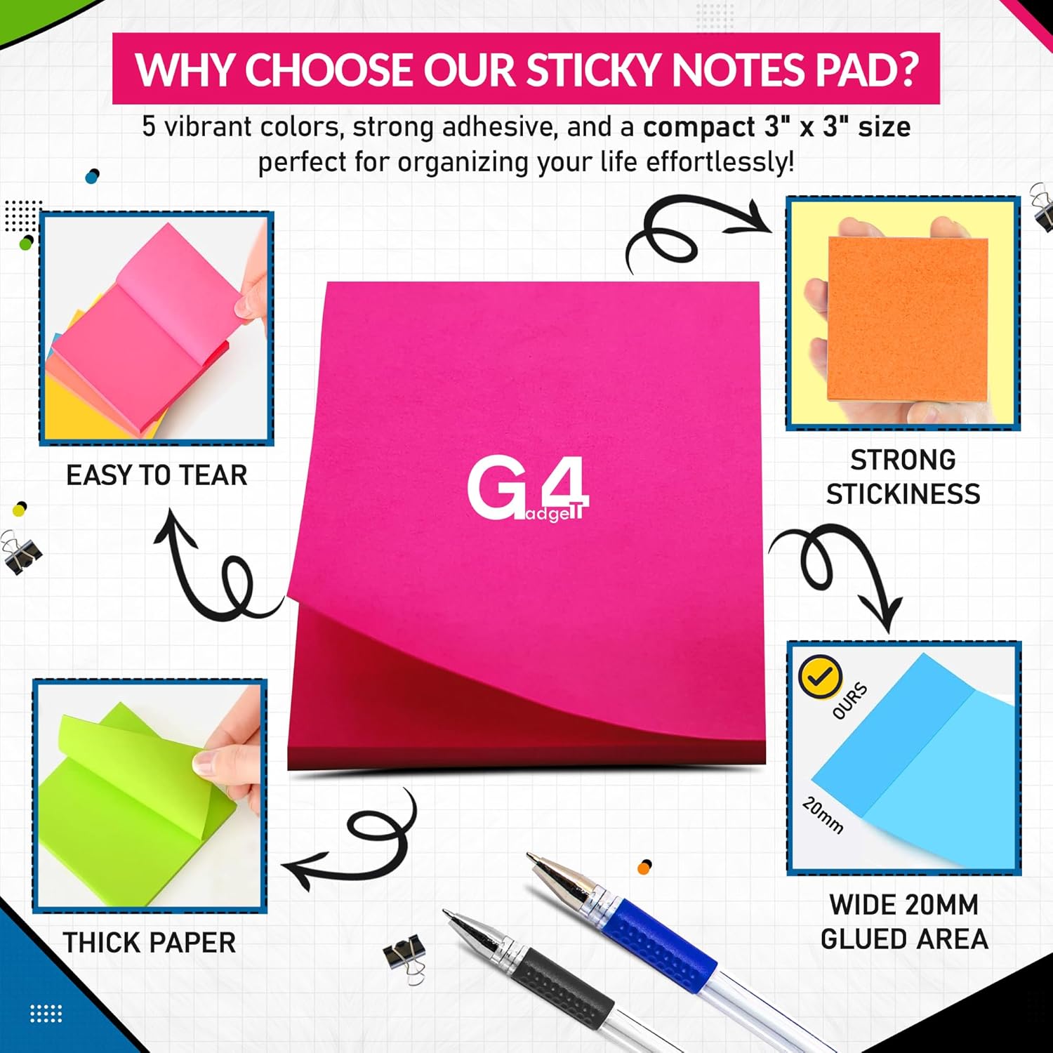 Detalle de G4GADGET 800pcs Sticky Notes 75x75mm – 2 Cube (10 Pads of 80 Sheets) in 5 Colours