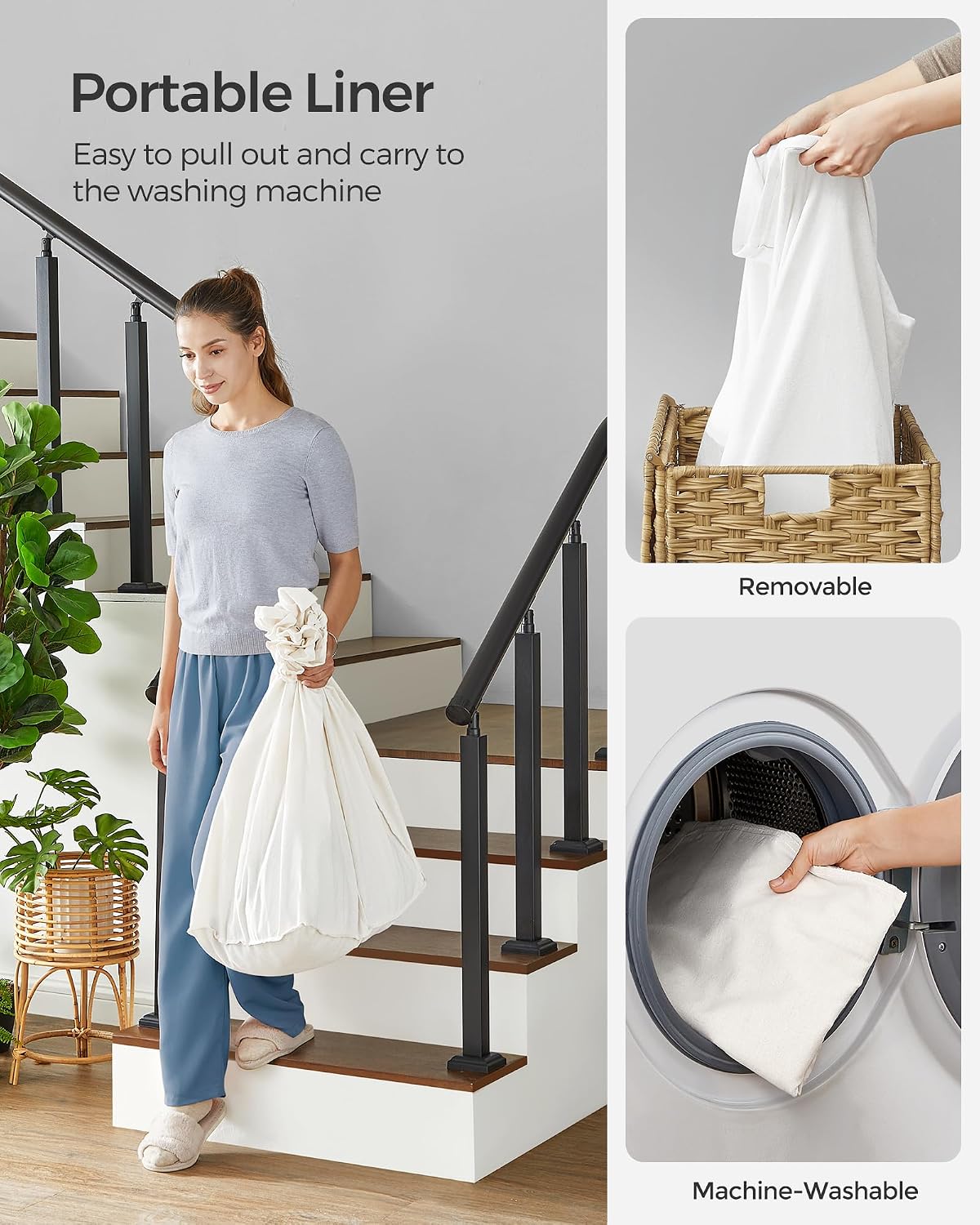 Detalle 1 de SONGMICS LCB363N01 140 L Laundry Basket with Lid, 3 Compartments & Wheels