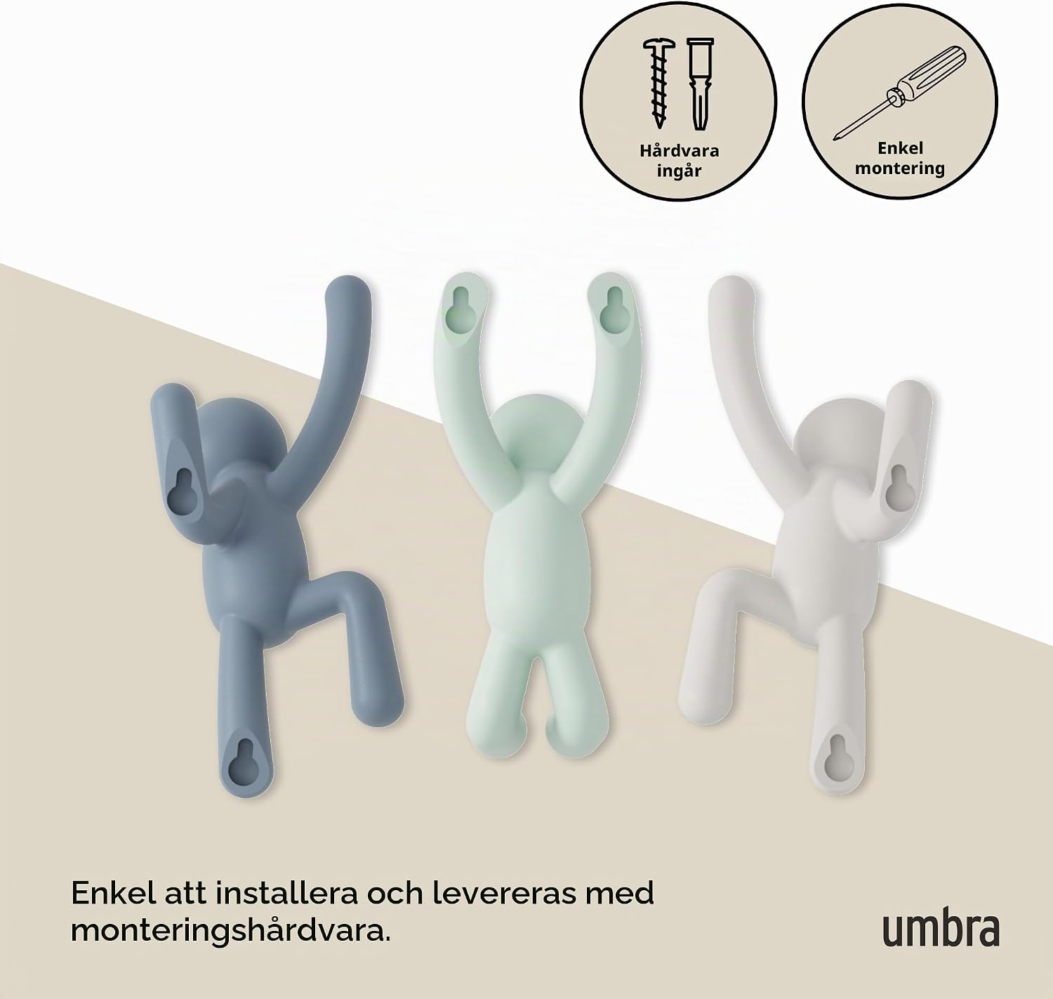 Detalle 1 de Umbra Buddy väggkrokar, set med 3 i ABS för kläder och väskor