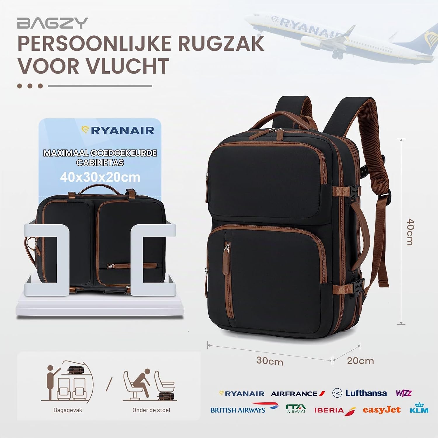 Detalle de BAGZY handbagage-rugzak, uitbreidbaar tot 25 liter, met 15,6-inch laptopvak